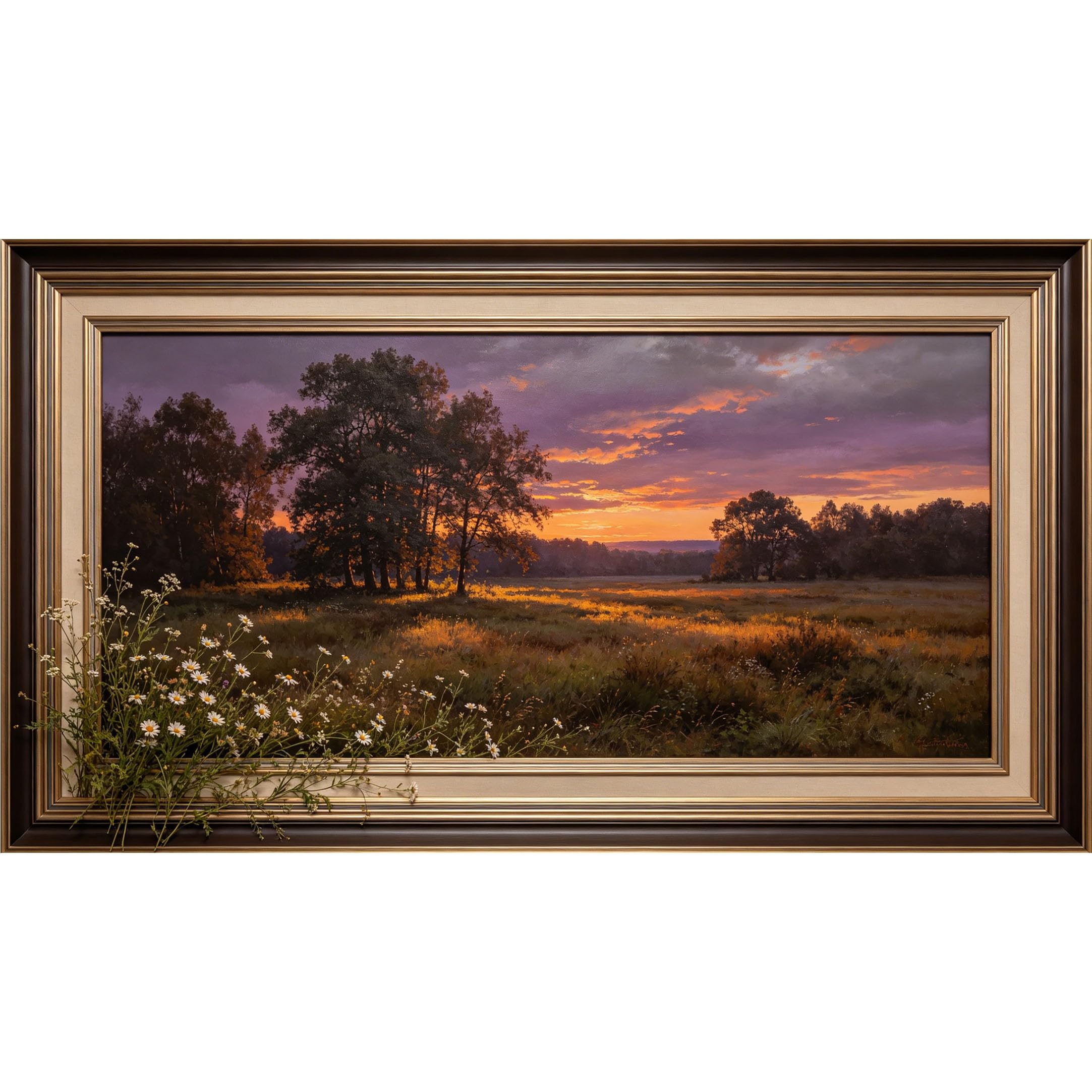 QZLITHOTIC 50×100cm 3D Framed Wall Art， Sunset Meadow Landscape Self?Adhesive Mural， Water?Activated Peel & Stick Fabric Decor Wall Decal for Bedroom Living Room