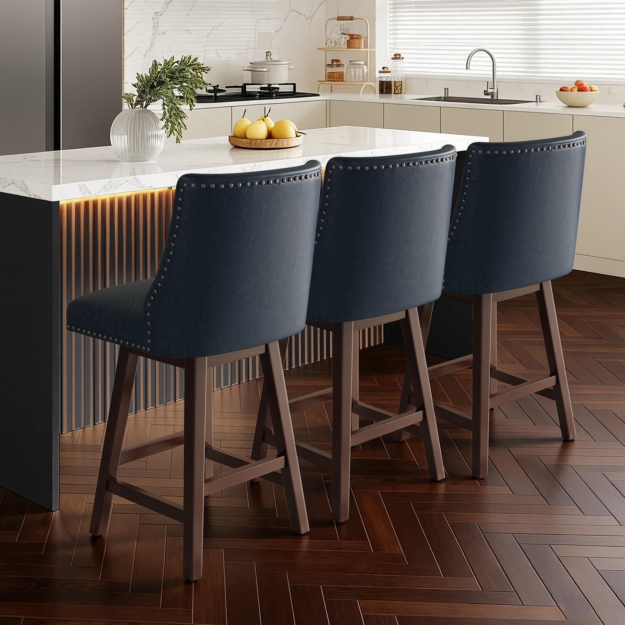 Counter Height Bar Stools Set of 3,Swivel Bar Stools,26 Inch Modern Counter Height BarStools,PU Leather Upholstered for Kitchen Rivets Backs Bar