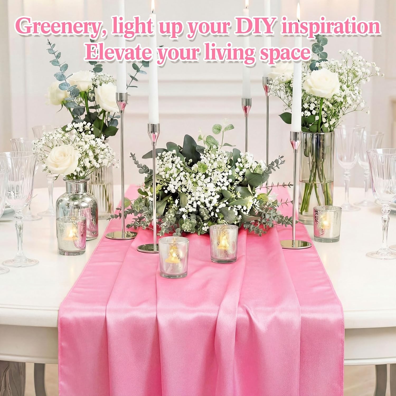 Zeyune 12 Pcs Pink Satin Table Runners With120 Pcs Artificial Eucalyptus Leaves Stems for DIY Wedding Baby Shower Table Decor 12'' x 108'' Tables Runners for Boho Party Home Engagement Party Decor