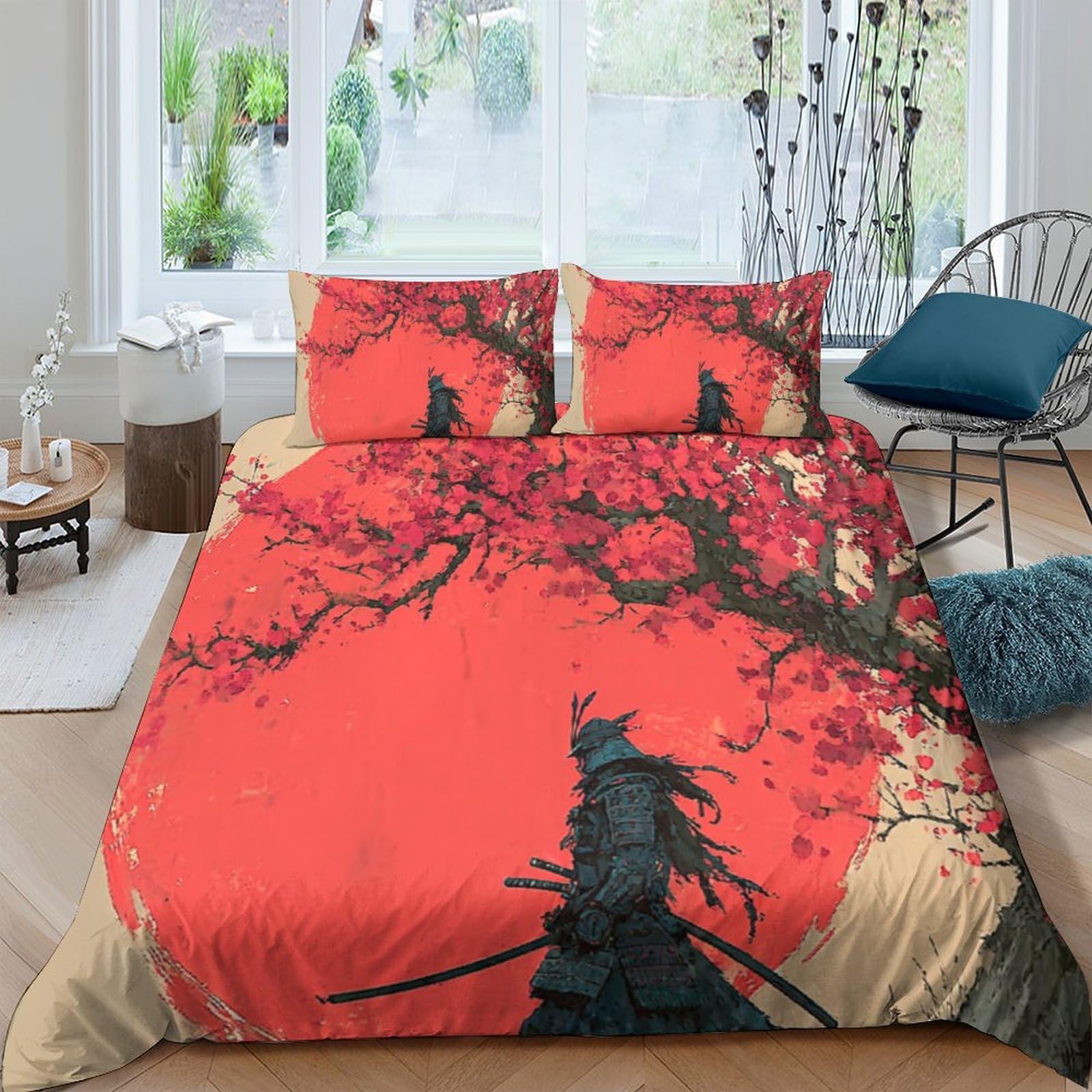 Ctjqhvkz Style-10 3D Printed Sakura Samurai Fitted Sheet Microfiber Soft Red Art Mattress Cover For Bedroom Guest Room Decor Single（135X200cm）