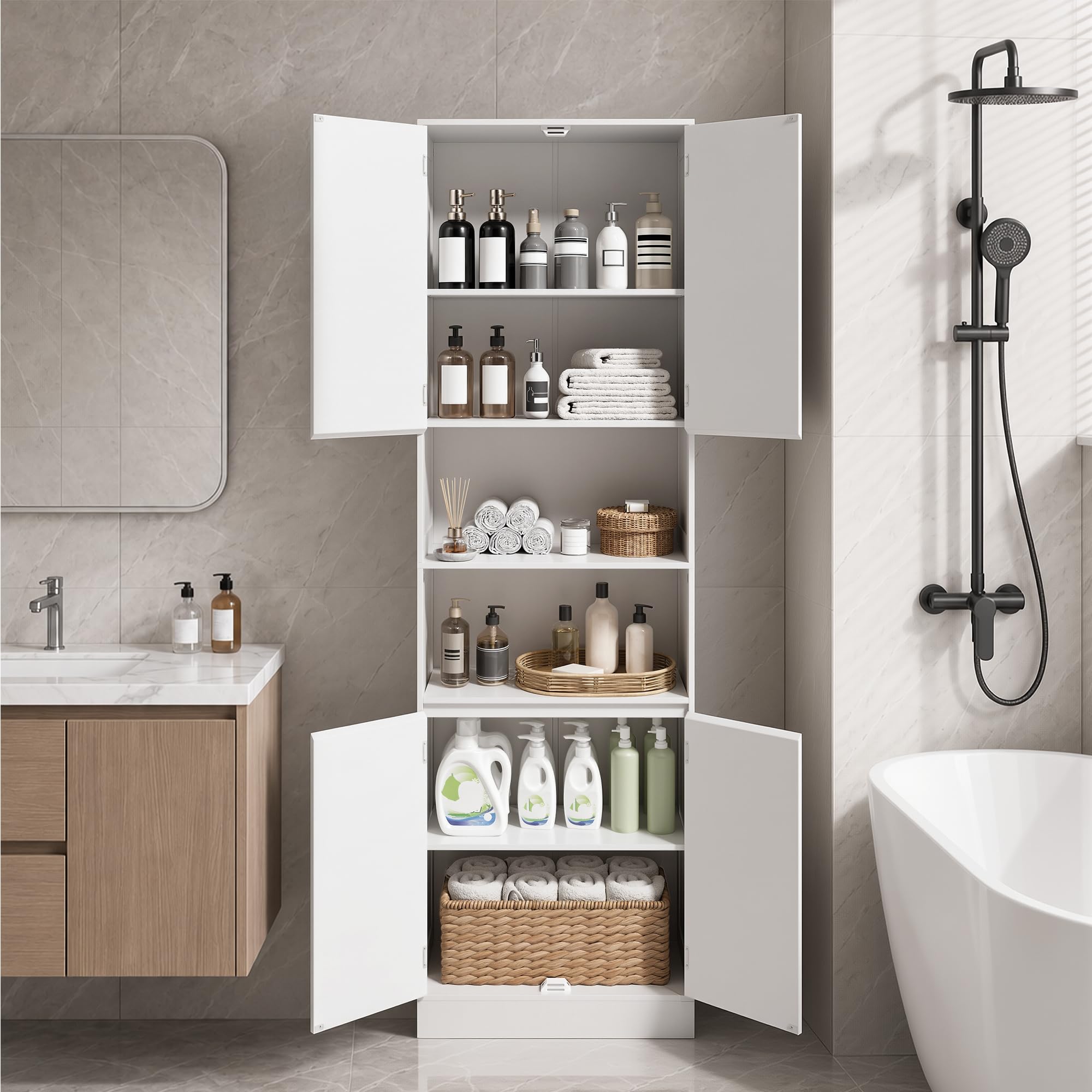 Xbro Mobile bagno 190×30×57 cm, contenitore bagno con ripiani regolabili, cassetti e vani aperti, armadio alto versatile per bagno, cucina e soggiorno, montaggio semplice, bianco