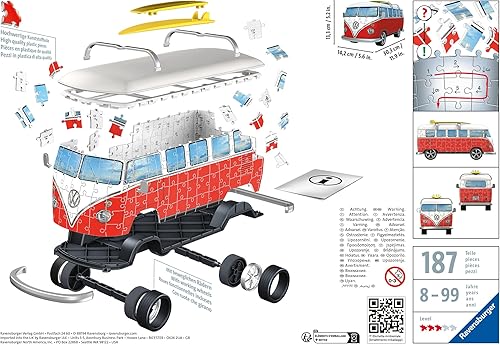 Miniatura 8 de Ravensburger Volkswagen T1 Campervan - Rompecabezas 3D de 162 piezas para niños y adultos, tecnología Easy Click significa que las piezas encajan