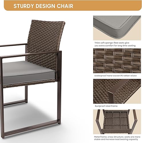 Miniatura 4 de YIYAN Juego de muebles de exterior de 3 piezas, sillas de mimbre y tetera, jardín, balcón, patio, con cojín lavable (gris)