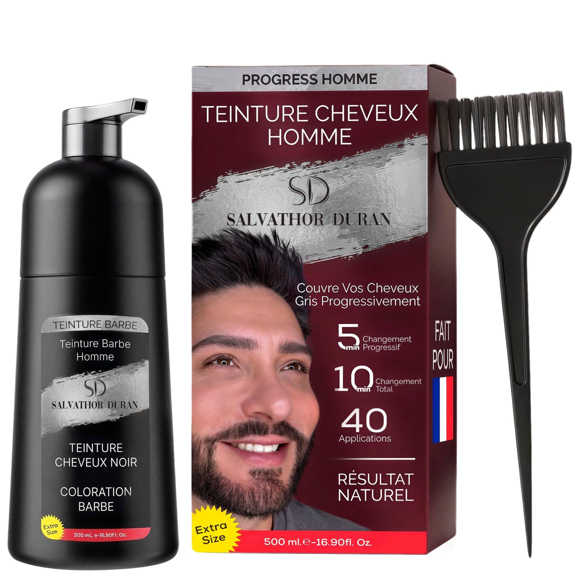 Shampoing Colorant - Teinture Barbe Homme - Teinture Barbe - Shampoing Colorant Noir - 40 Applications - Salvathor Duran - 500 ml