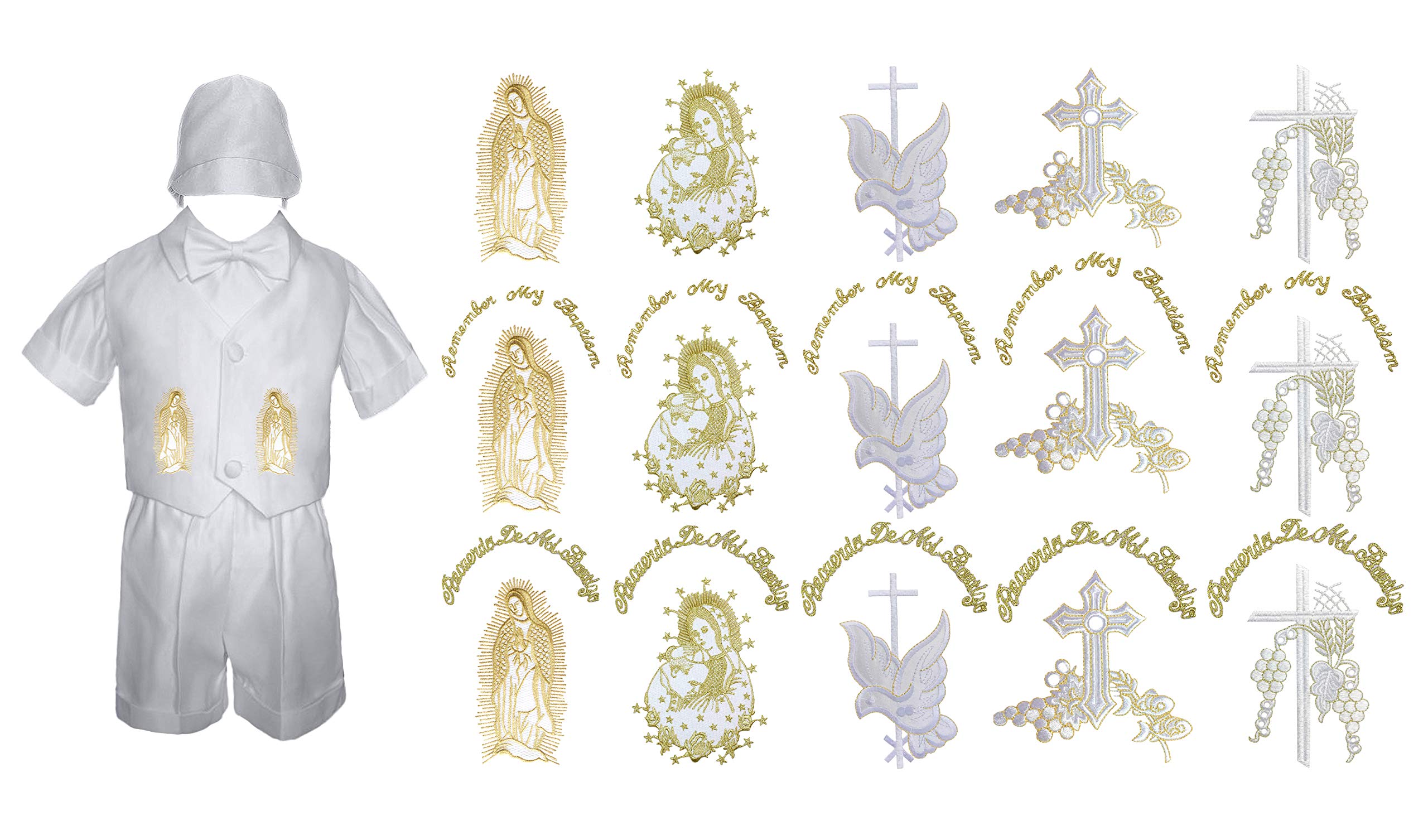 4 PC Baby Boys Christening Baptism Communion Shorts Set Gold Mary Guadalupe Cross Pope SM-4T (3T, Mary & Pope - Spanish)