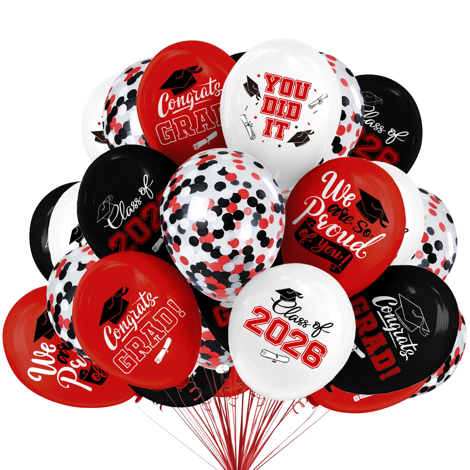 Photo 1 of 2026 Red & Black Graduation Decorations Set - 63Pcs Graduation Grad Latex Balloons with Ribbons, Congrats Grad Caps for College & High School Party Supplies