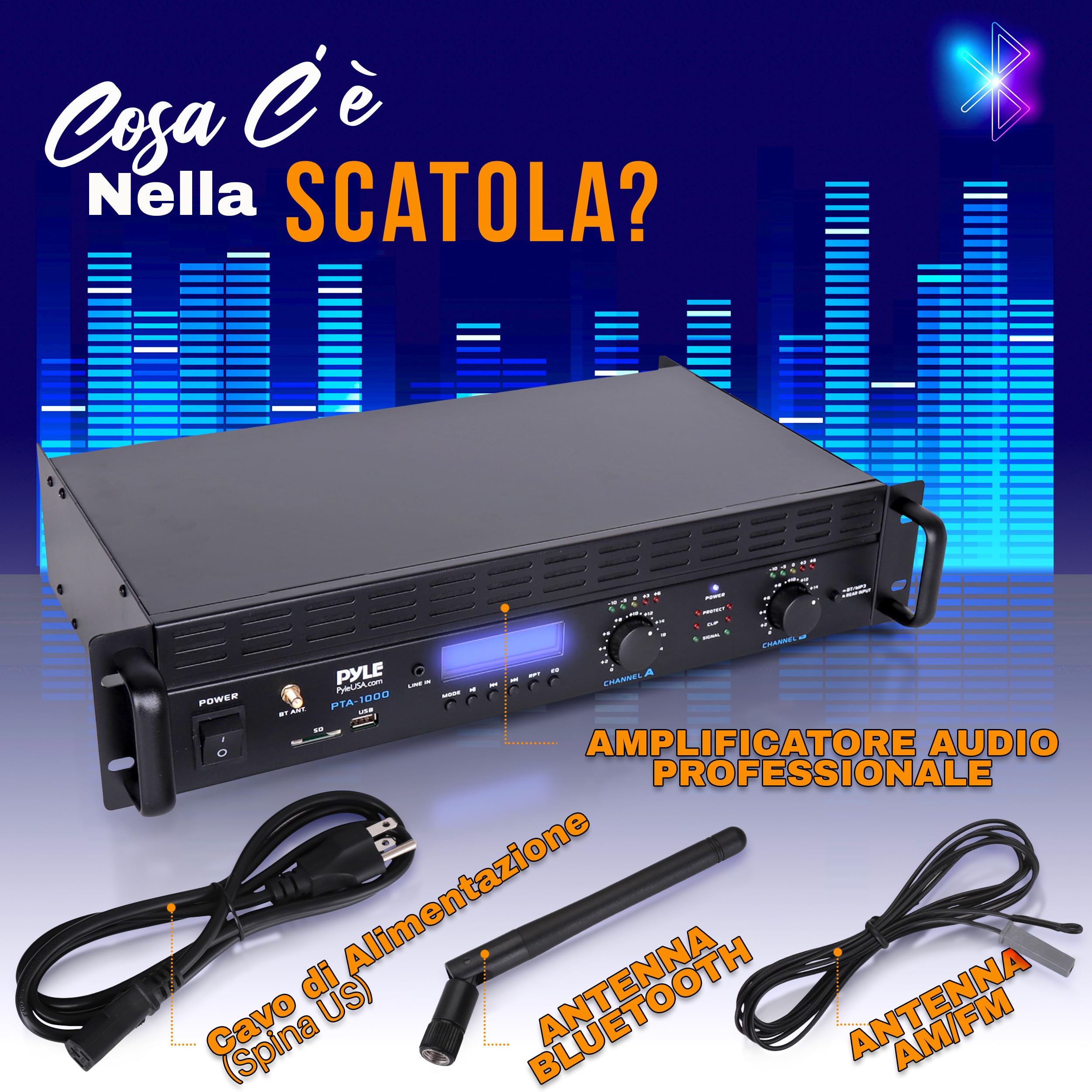 Pyle Amplificatore Audio Potenza Bluetooth a 2 Canali, 2000 Watt Amplificatore Pro Audio Rack Mount