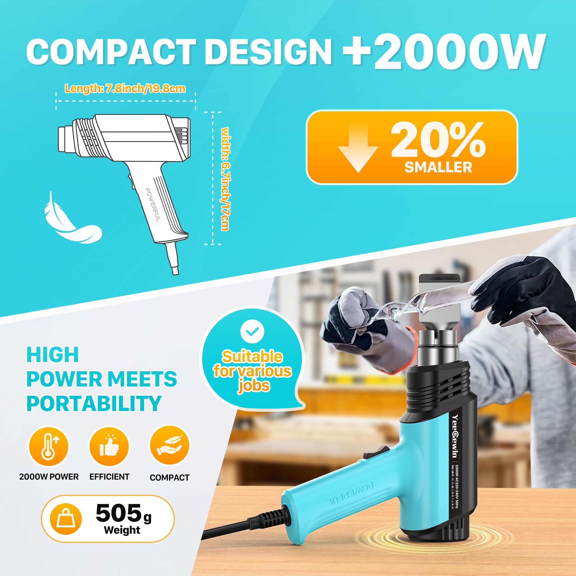 Décapeur Thermique 2000W, Température Variable de 50-650 ℃ avec Écran LCD et Protection Contre les Surcharges, Pistolets à Air Chaud Pour le Décapage de Peinture et le Thermorétractable