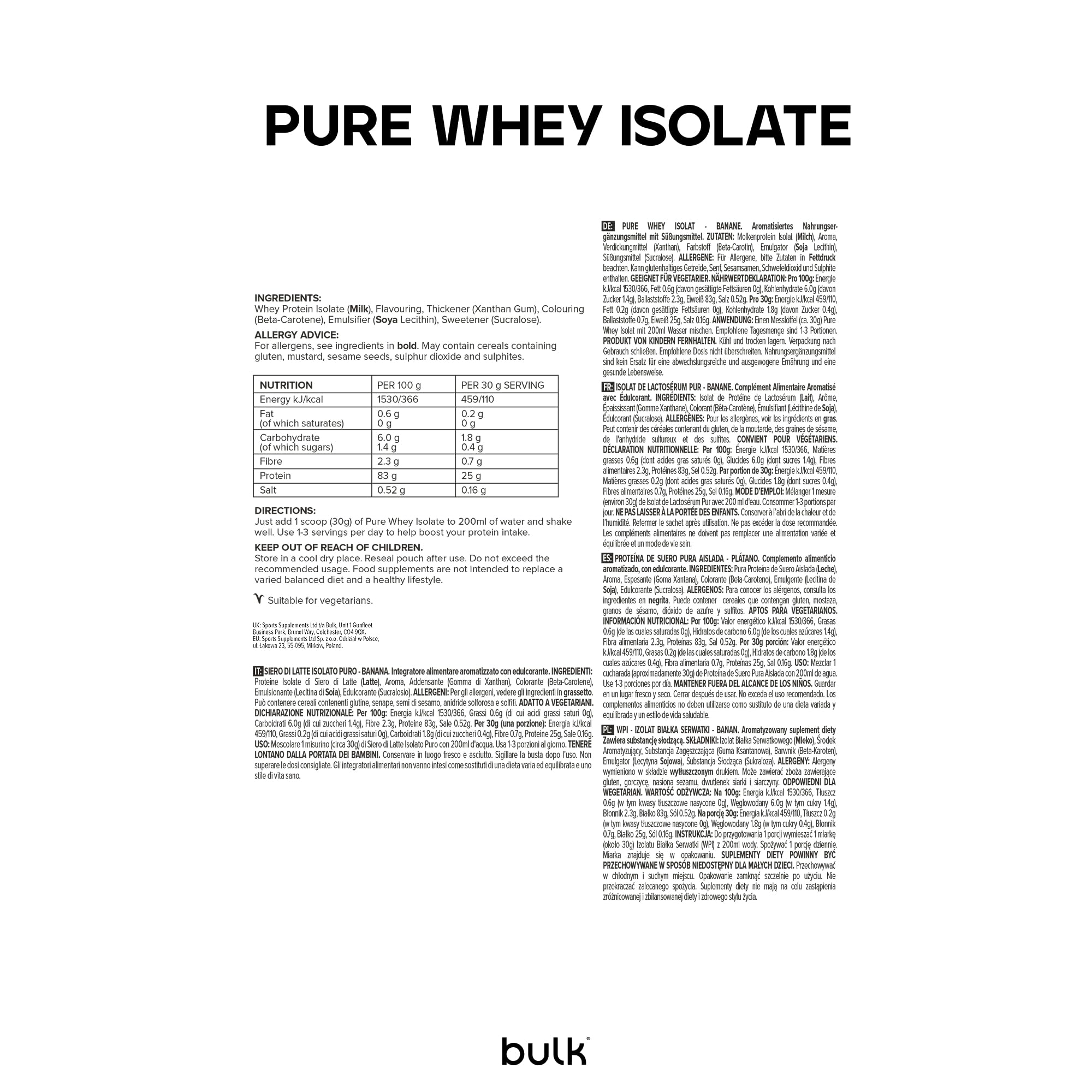 Bulk Izolat Białka Serwatkowego, Shake białkowy w proszku, Banan, 2.5kg, 83 porcji