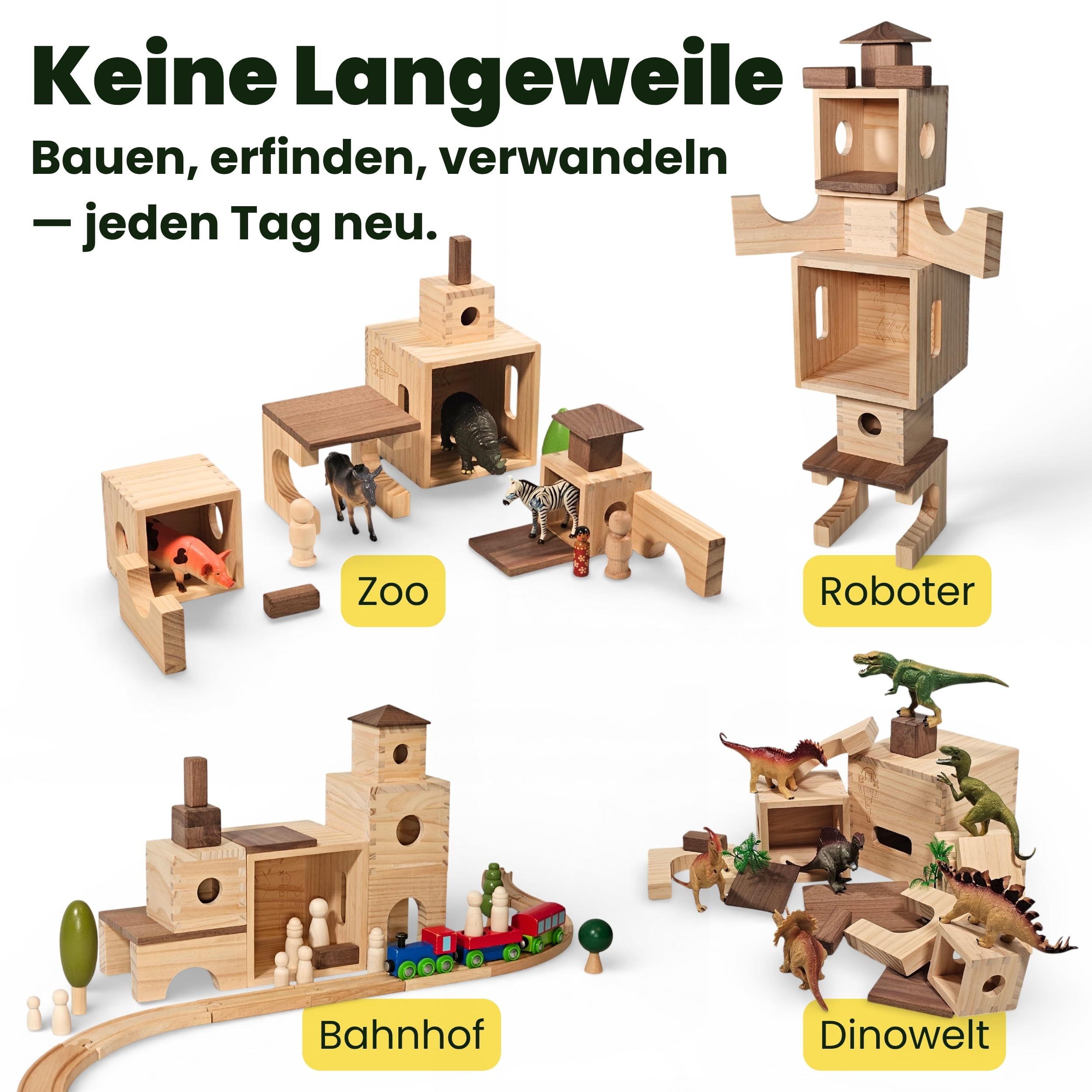 MATZBOX S-Box Montessori - Giocattolo creativo in mattoncini in legno, giocattolo in legno di alta qualità per bambini da 1 a 7 anni, blocchi e scatole versatili per giocare liberamente, regalo