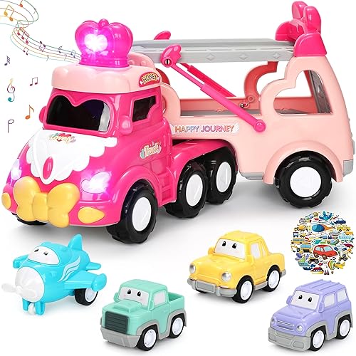 Juguetes de coche para niñas, regalos de cumpleaños 5 en 1, camiones de transporte de princesa rosa para niños pequeños con luces y música, juguetes