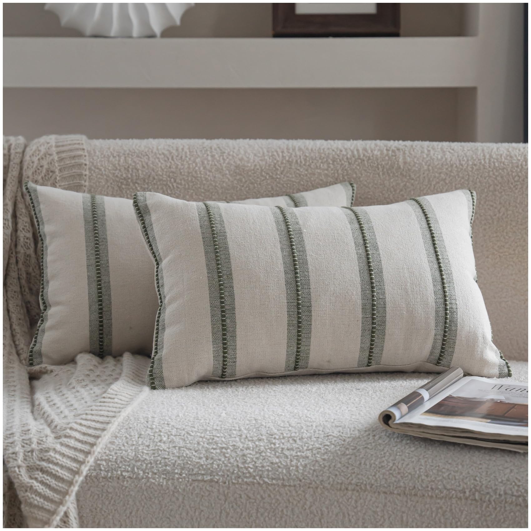 Cethom Boho Throw Pillow Covers 12x20 Set of 2 Olive Green Striped Decorative Pillow Cases for Couch Chair