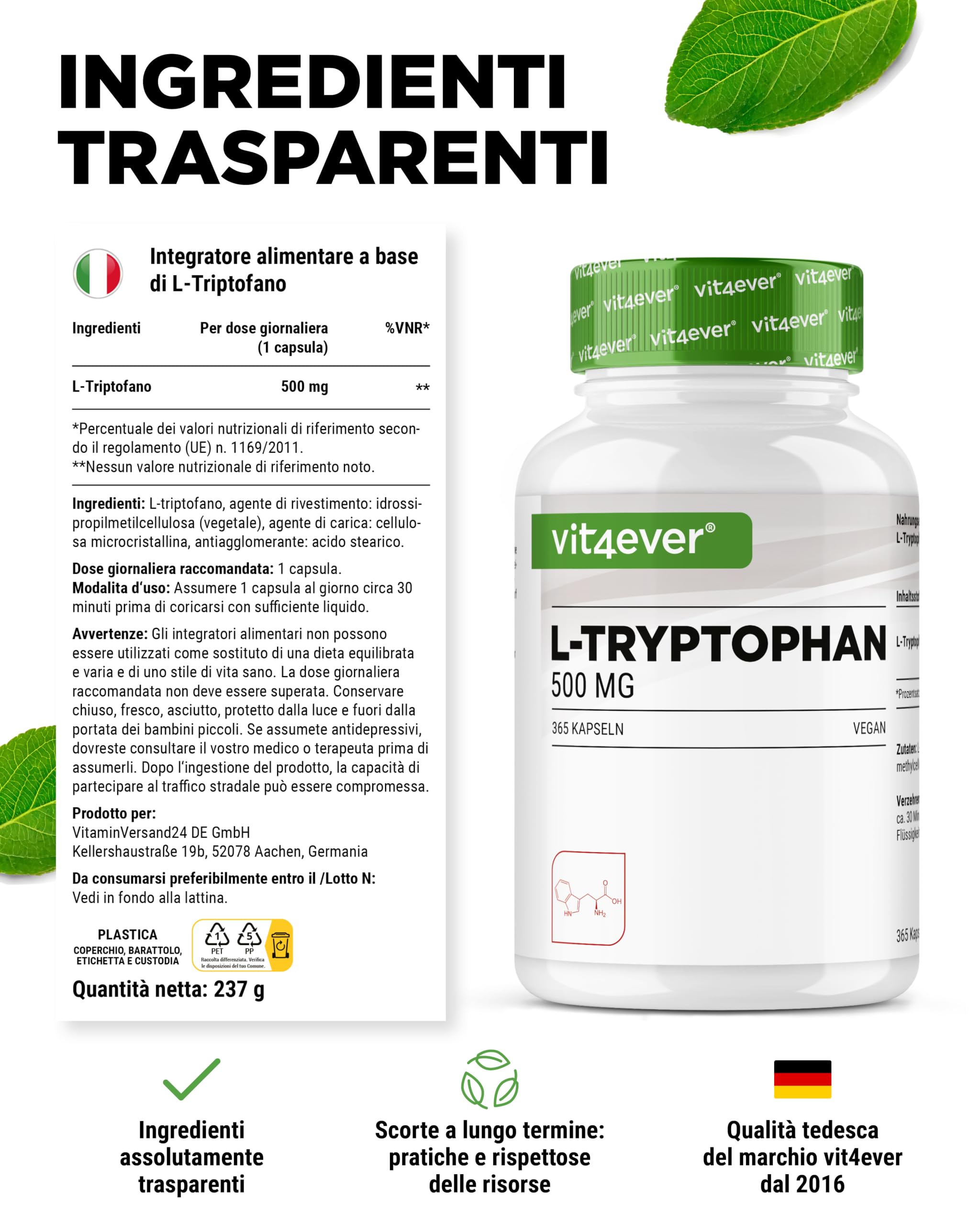 L-triptofano - ad alto dosaggio con 500 mg per capsula - 365 capsule vegane - scorta per 12 mesi - da fermentazione vegetale - senza additivi inutili, vegano
