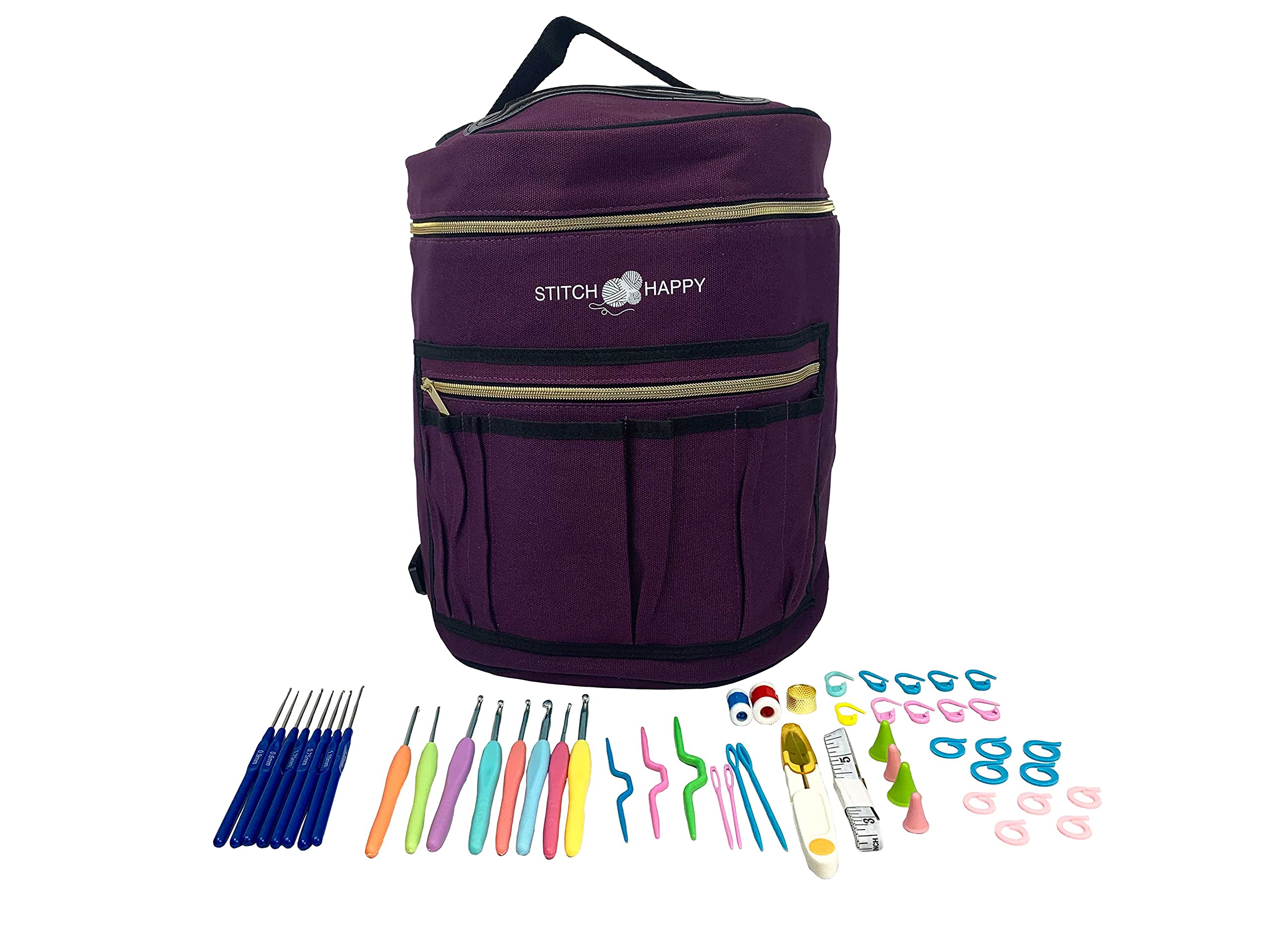 Designer Stitch Happy Crocheting Kit: 52 Piece Crochet Kit for Beginners &amp; 7 Pocket Yarn Bag, Signature Yarn Storage - Royal Purple