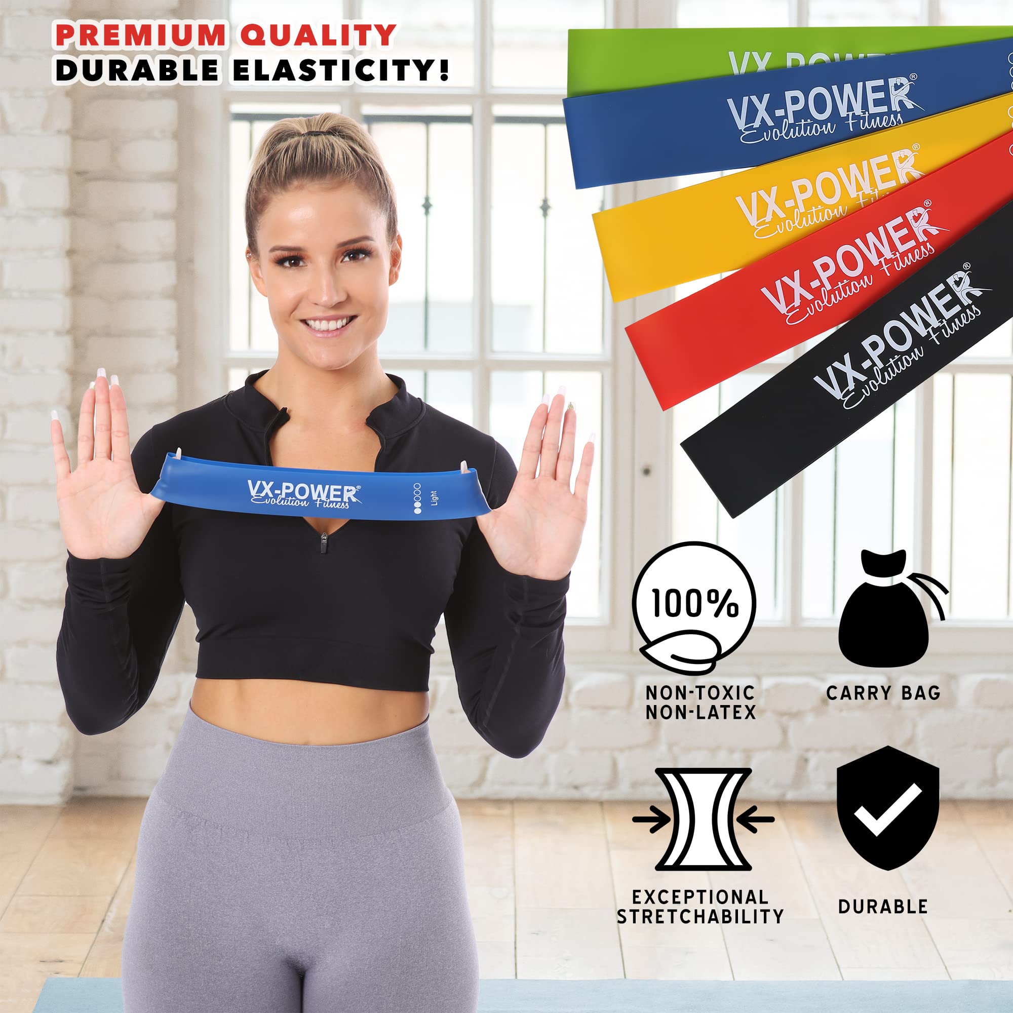 VX-Power - Set di 5 fasce elastiche resistenti in lattice per casa, palestra, all'aperto, yoga e fisioterapia – esercizi per bottino e gambe squat per donne e uomini – borsa per il trasporto gratuita