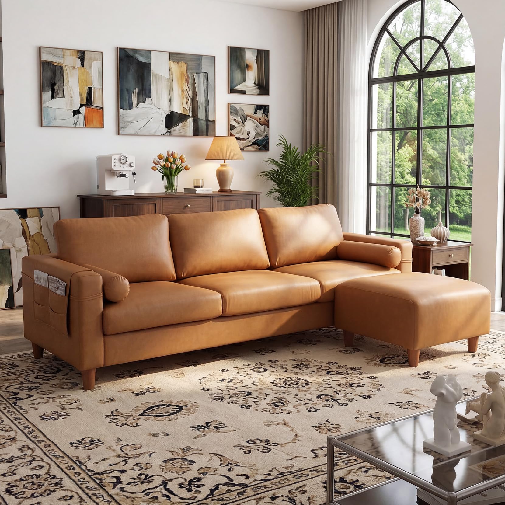 Vesgantti 100 Inch L-Shaped Faux Leather Couch in Camel