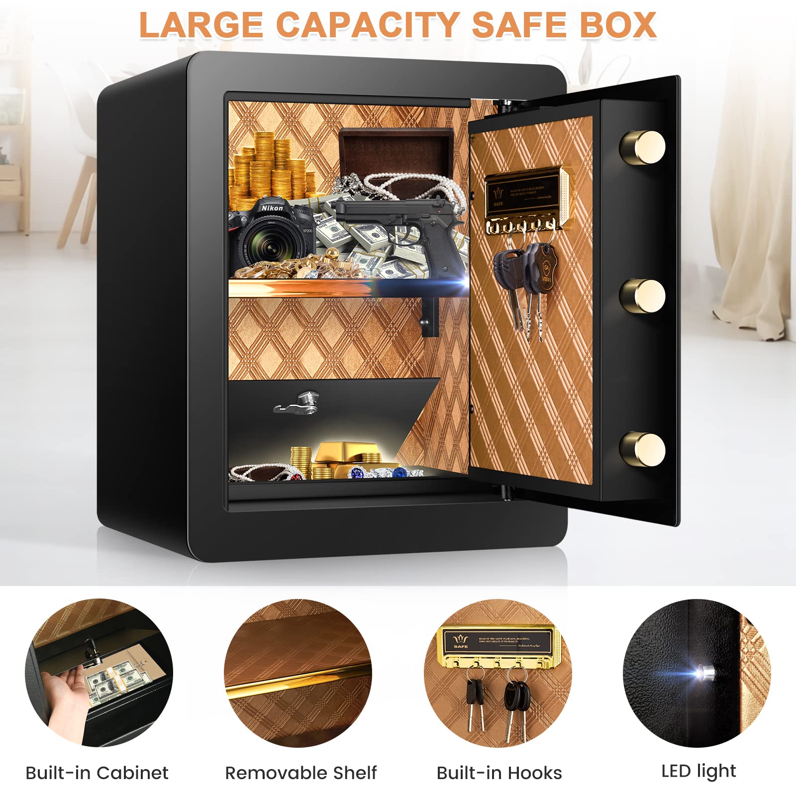 2.2 Cub Safe Box Fireproof Waterproof, Large Fireproof Safe with Fireproof Waterproof Bag, Digital Keypad Key, Inner Cabinet Box, LED Light, Home Safe Fireproof Waterproof for Money Jewelry Document