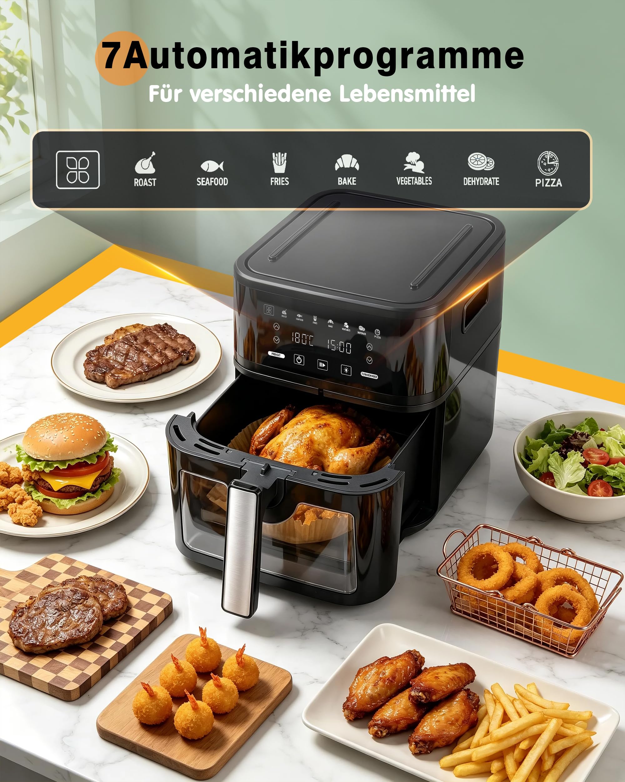 Heißluftfritteuse 8L Fassungsvermögen, 7 voreingestellte Kochprogramme, 2-in-1 Airfryer & Elektrogrill, Fettarmes Kochen ohne Öl, Digitaler Touchscreen, 1650W, Schwarz