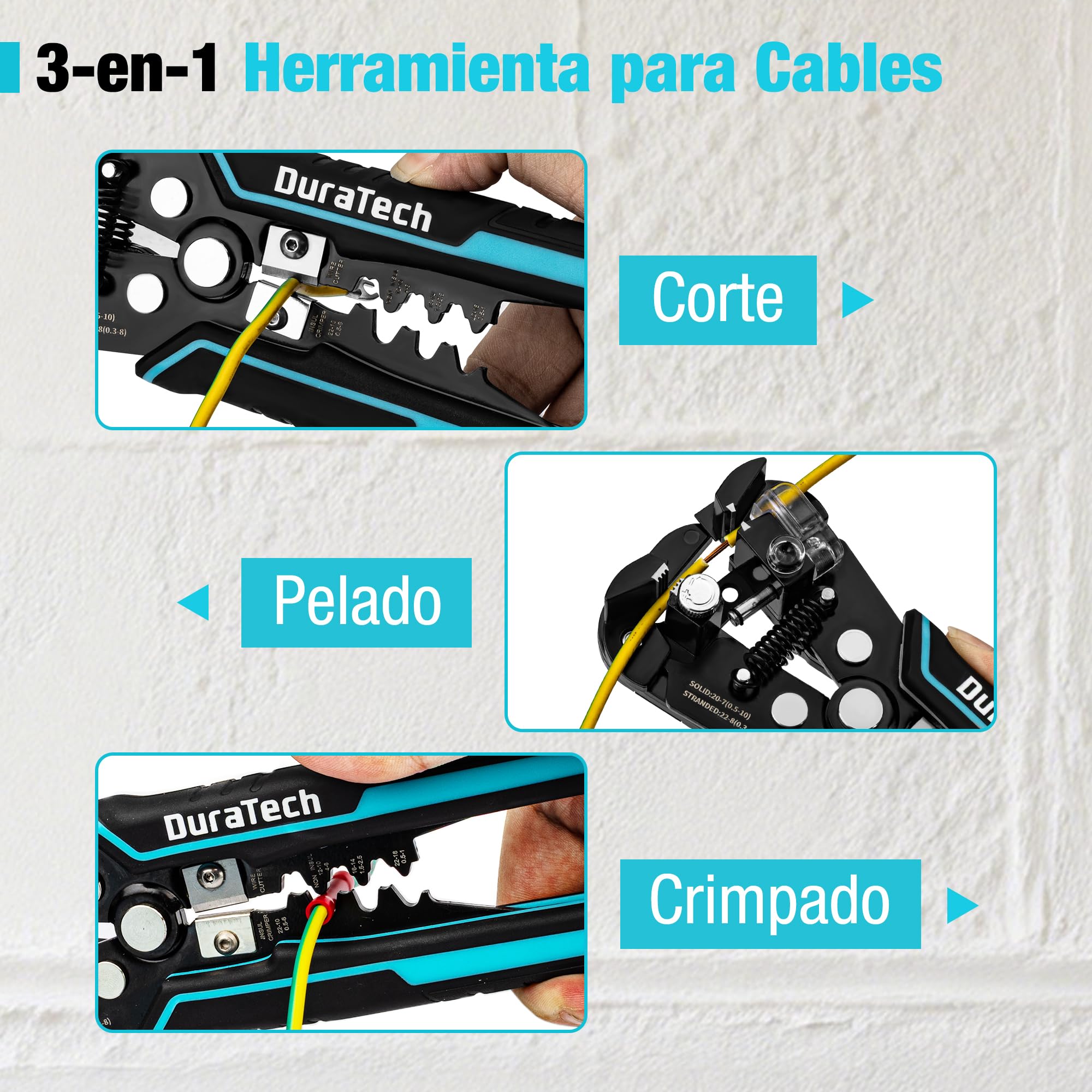 DURATECH Pelacables Automático Autoajustable 3 en 1 | Herramienta para Pelar, Cortar y Crimpar Cables de 0,5-10mm² y 0,3-8mm² para Trabajos Eléctricos