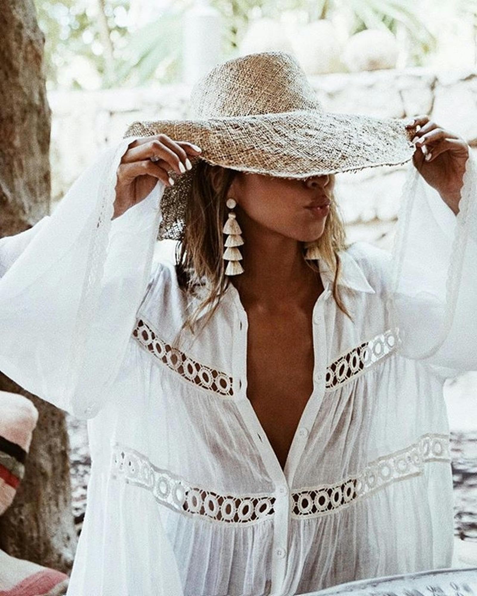 Nuovo Cardigan da Donna in Pizzo a Strati Stile Camicia con ma a Campana, Copricostume da Spiaggia, Protezione Solare, Giacca - Bianco - Taglia Unica