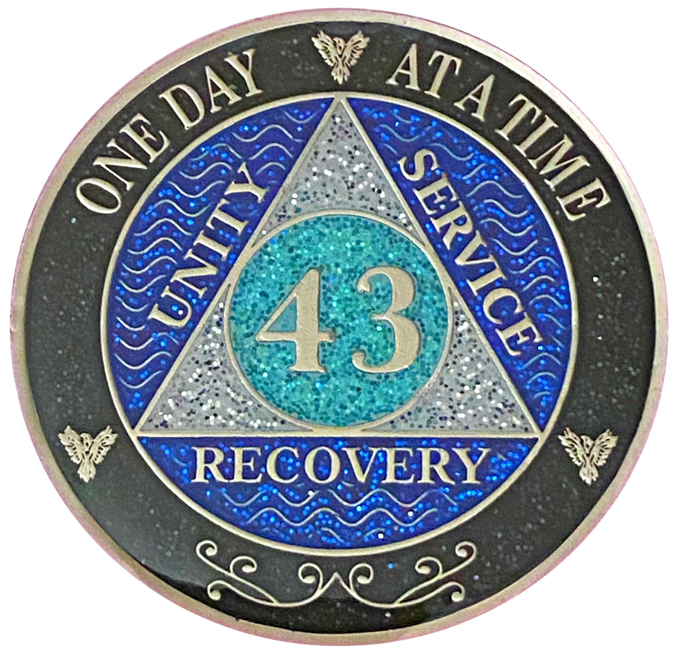 (Years 1-50) 43 Year AA Recovery Silver Color Plated Glitter Medallion, Black Rainbow, Blue, Silver Glitter Coin, Epoxy Covered (AA 43 Year Glitter