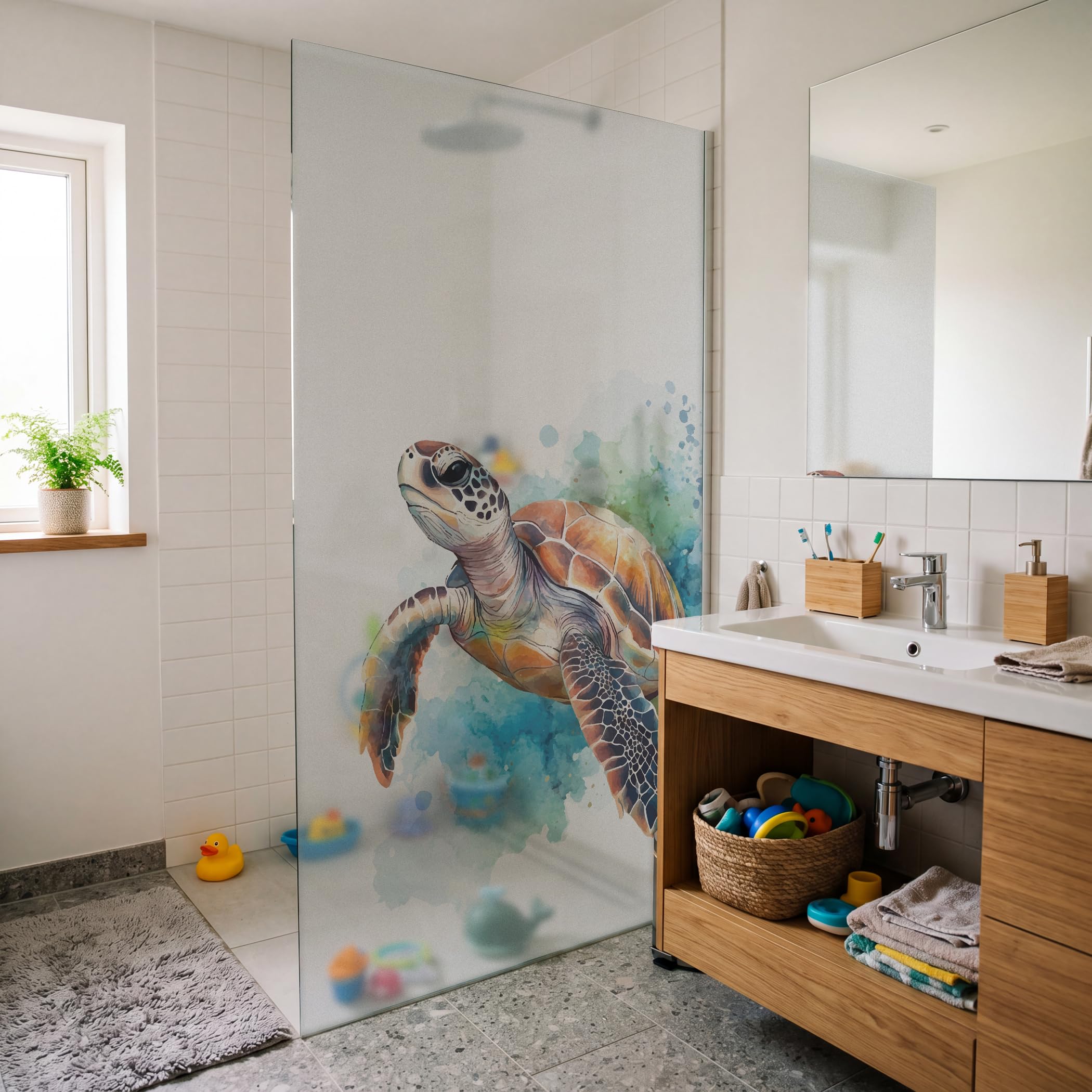 Fensterfolie Blickdicht Schildkröte 80x120cm selbstklebend | Sichtschutzfolie Milchglas für Fenster Duschkabine Deko Klebefolie Kinderzimmer Badezimmer Wohnzimmer Deko Milchglasfolie