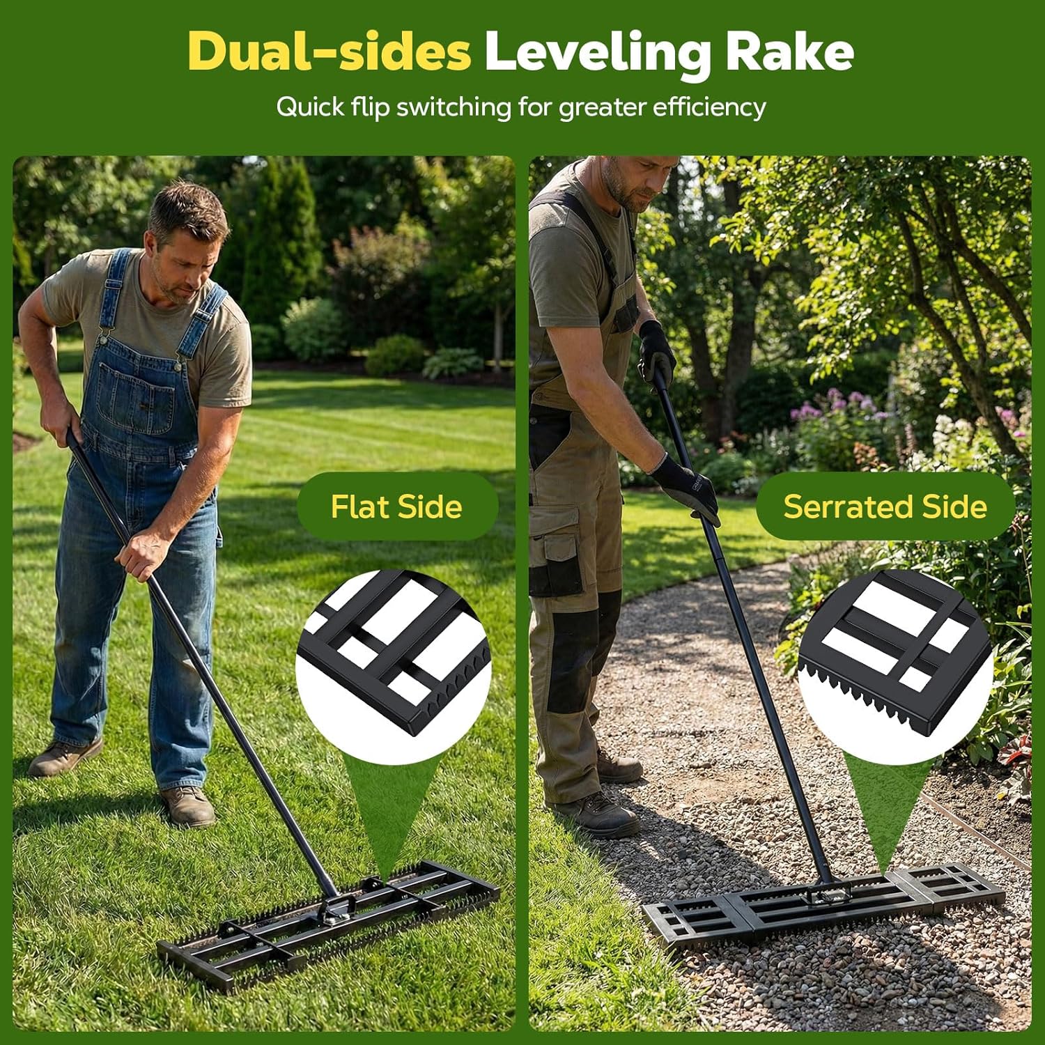 Lawn Leveling Rake, 2-in-1 Double Side Lawn Leveler Tool with 32x10in Ground Plate & Adjustable 78in Handle, Heavy Duty Carbon Steel Landscape Leveler for Grass Yard Garden Soil Sand Gravel