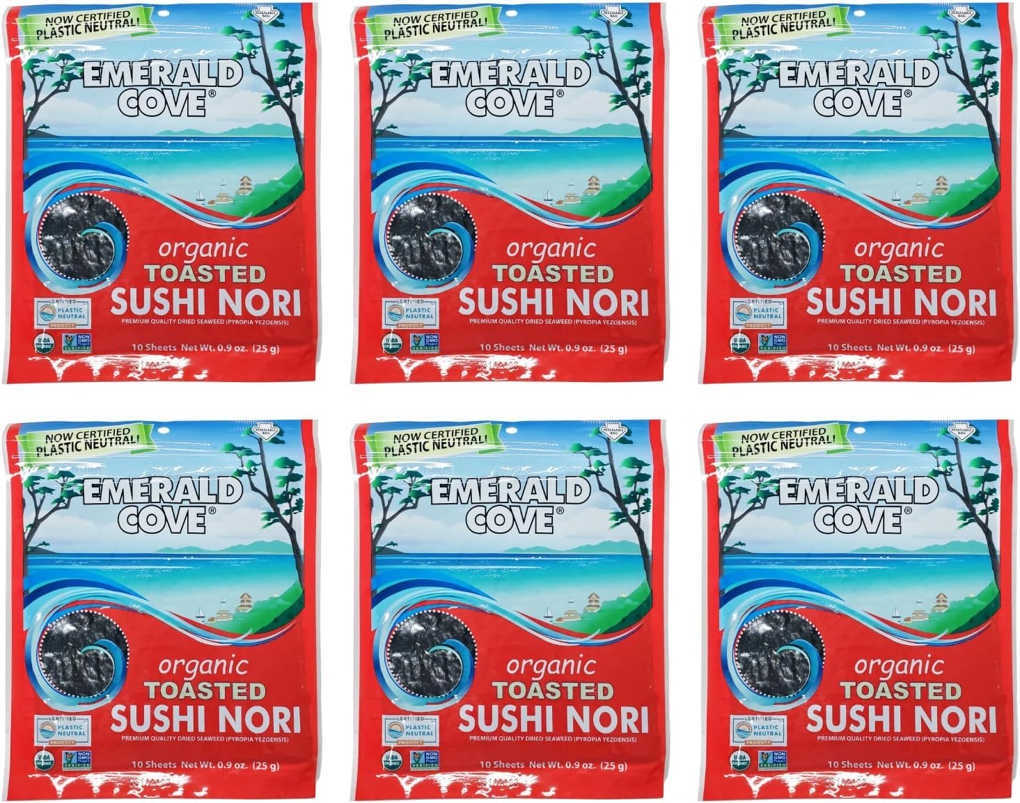 Emerald Cove Organic Toasted Pacific Sushi Nori Sheets, 5.4 Oz, 10 Count, Pack of 6