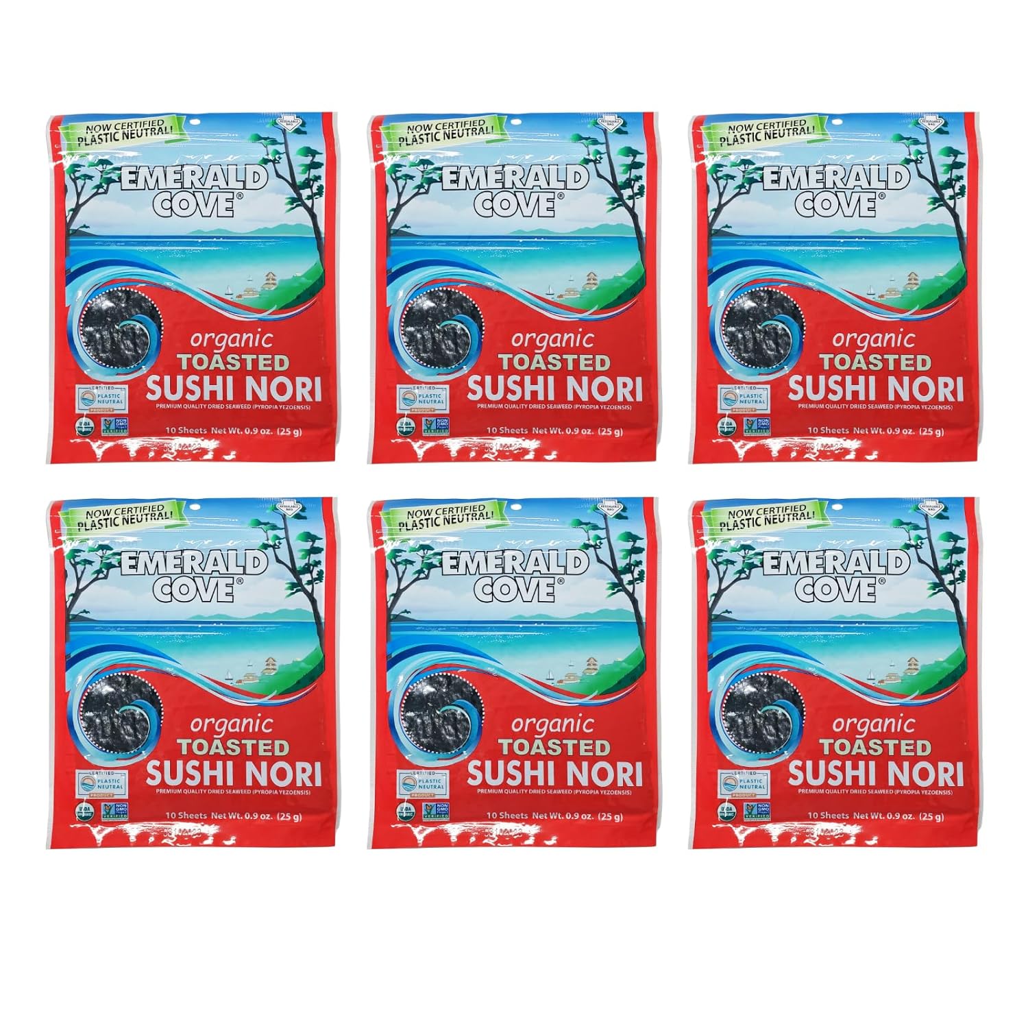 Emerald Cove Organic Toasted Pacific Sushi Nori Sheets, 5.4 Oz, 10 Count, Pack of 6