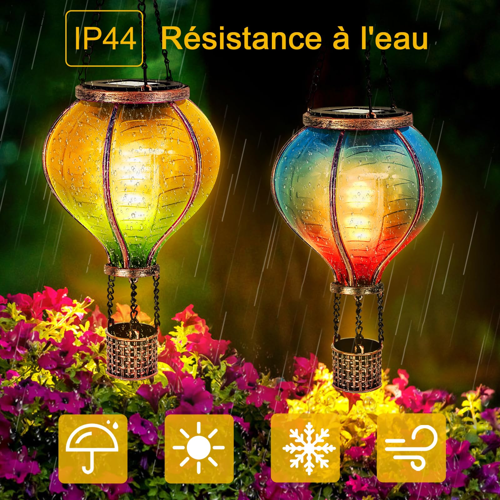 IEEILULU 2PCS Lanterne Solaire Exterieur, Montgolfière Lanterne Exterieur avec Effet de Flamme, Lumière Extérieure LED Étanche pour Terrasse Extérieure Balcon Chemin