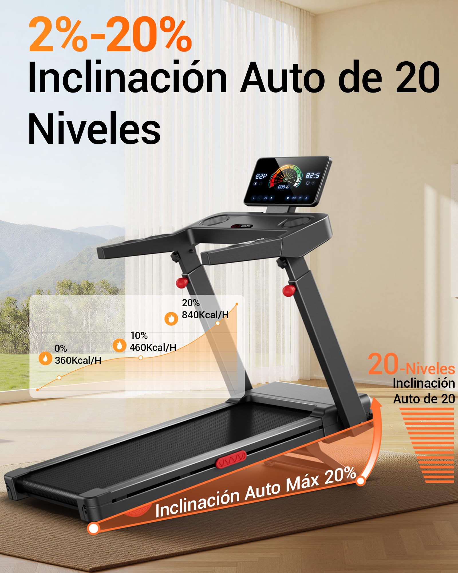 CURSOR Cinta de Correr Plegable con Inclinación Automática 20%, 14 KM/H Caminadora Eléctrica con Consola Ajustable en 4 Niveles, 3,5 CV Cinta de Andar con Pantalla LED, 180KG