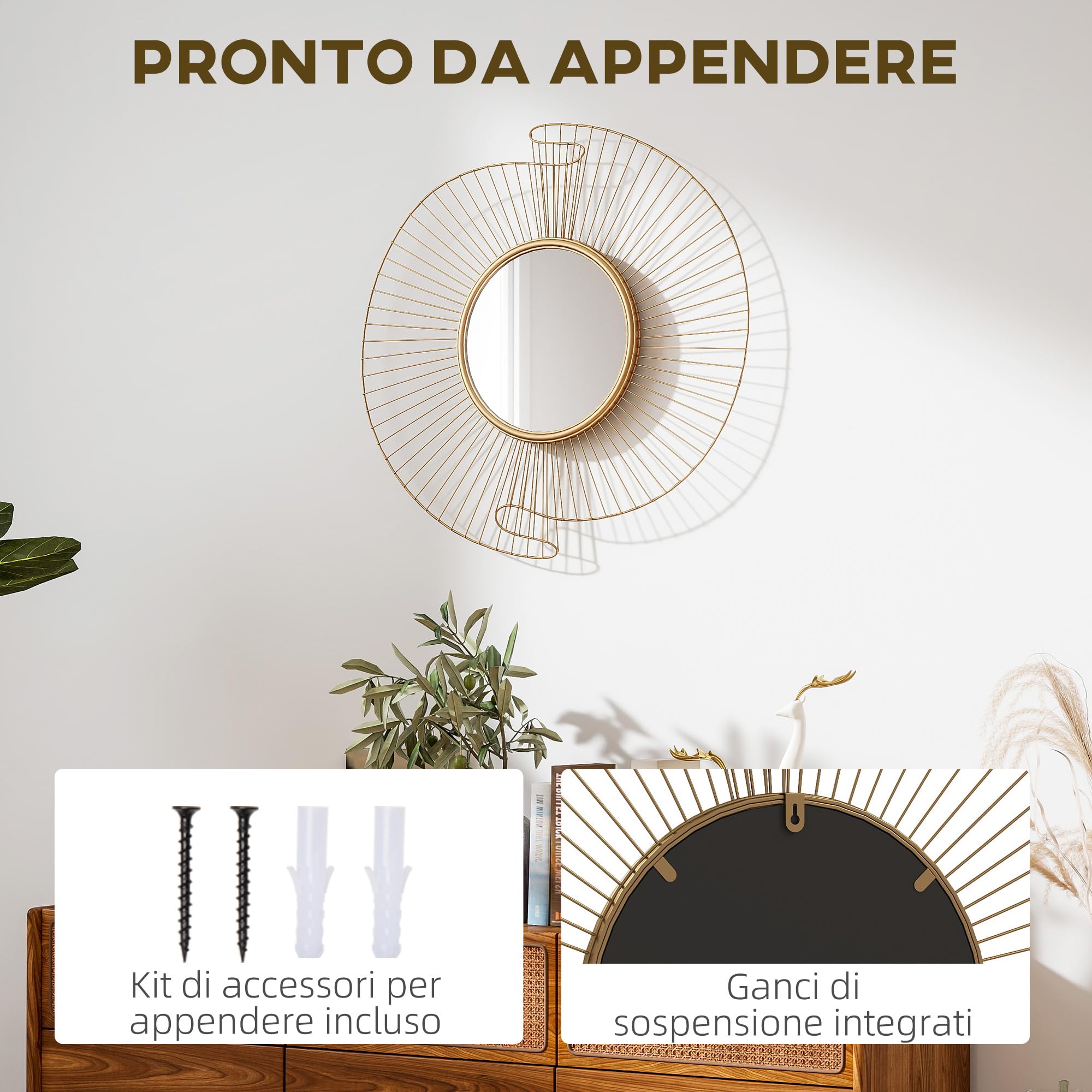 HOMCOM Decorazione Murale Specchio da Parete Rotondo, Specchiera Moderna con Strisce in Metallo e Design Plissettato, Wall Art per Soggiorno, Camera e Ingresso, 60x60 cm, Oro