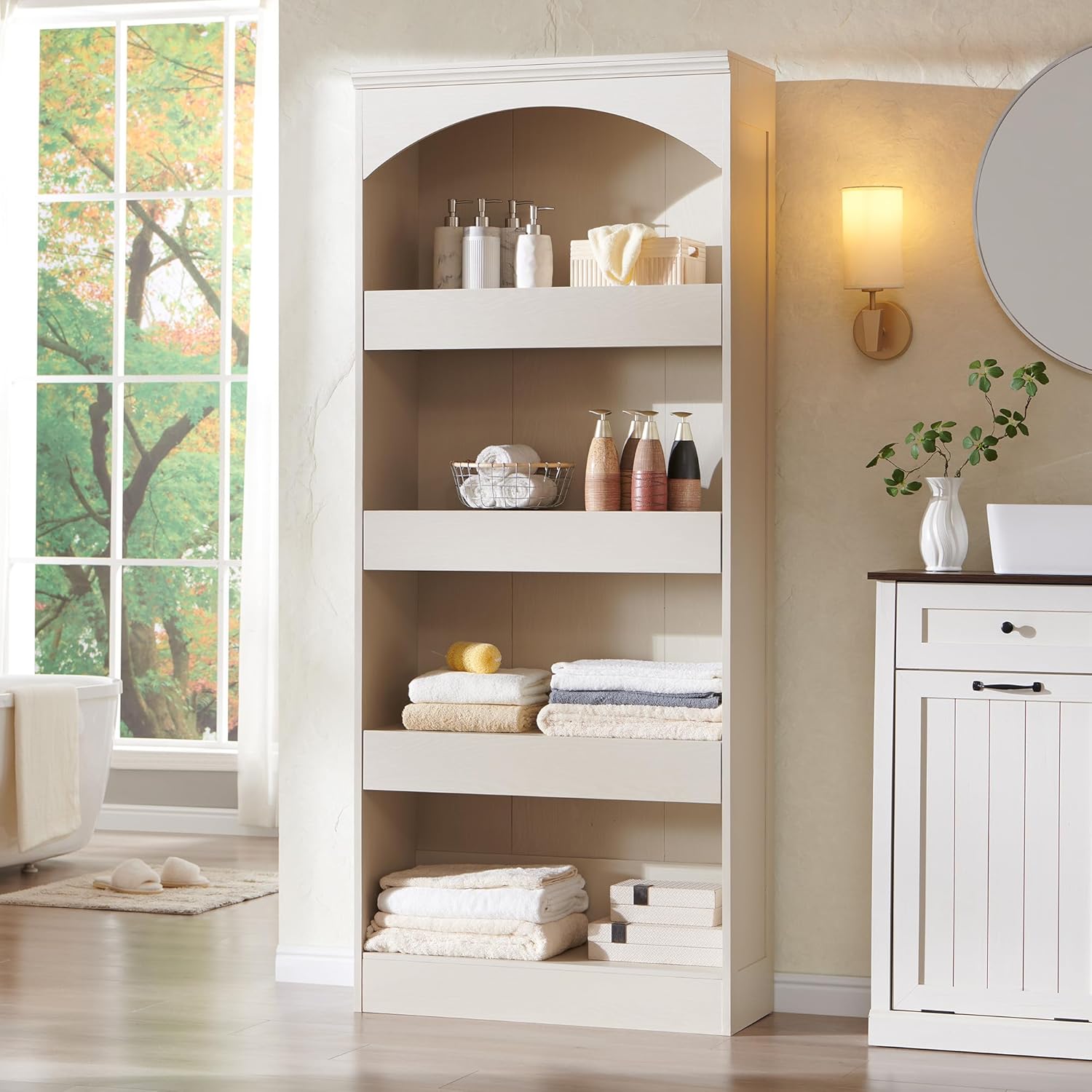 IFBUY 76" Tall Arched Bathroom Storage Cabinet, 5 Tiers Narrow Farmhouse Arched Cabinet w/Adjustable Shelves, Modern Wooden Storage Cabinet for Bathroom, Living Room, Entryway, Study Room (Brown)