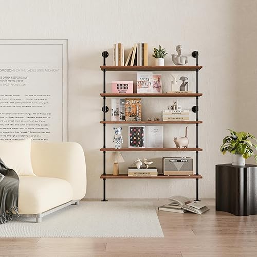 Miniatura 120 de Estantería industrial de 5 niveles, estantería rústica de tubería de metal de madera montada en la pared para sala de estar (marrón envejecido, 10