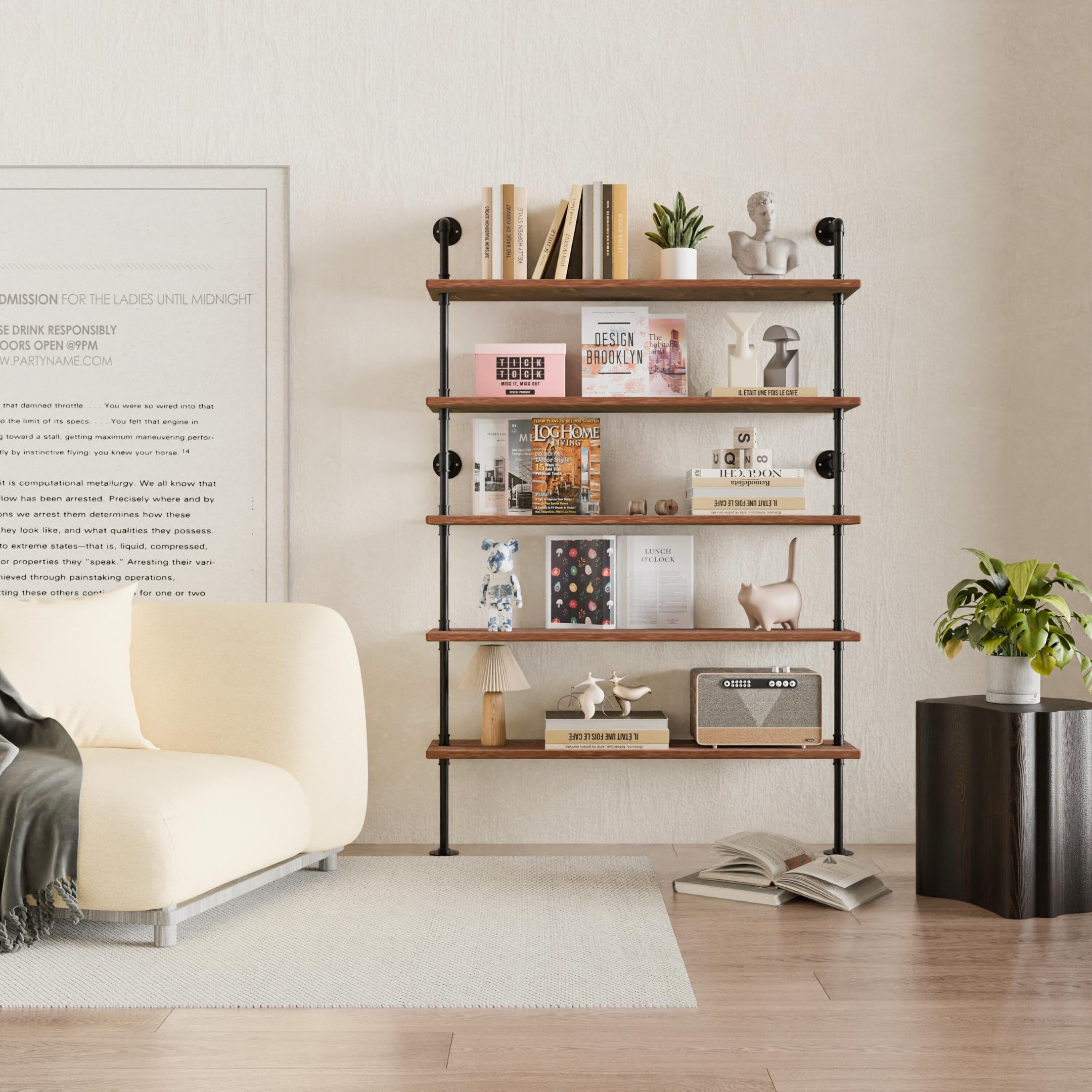 Anynice Industrial Ladder Shelves, Wall Mounted Rustic Bookshelf, Retro Wood Metal Pipe Industrial Shelves (Weathered Brown, 5 Tier - 10" D x 48" W x