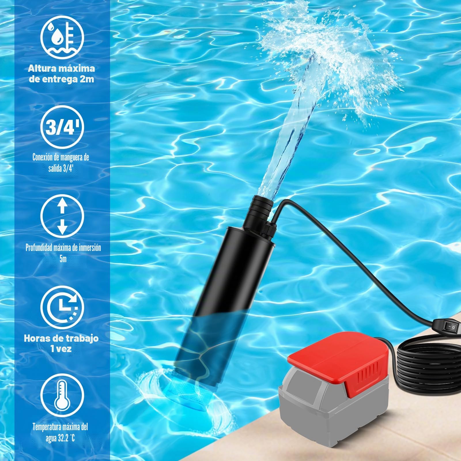 Bomba sumergible inalámbrica compatible con batería Milwaukee M18V (sin batería), 100 W, 635 GPH, bomba de sumidero portátil sin escobillas con manguera de 1 m, bomba de agua para piscina, jacuzzi