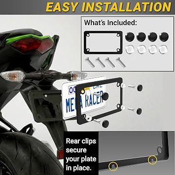 Premium Matte Black Motorcycle License Plate Frame, Thin Metal Tag Holder