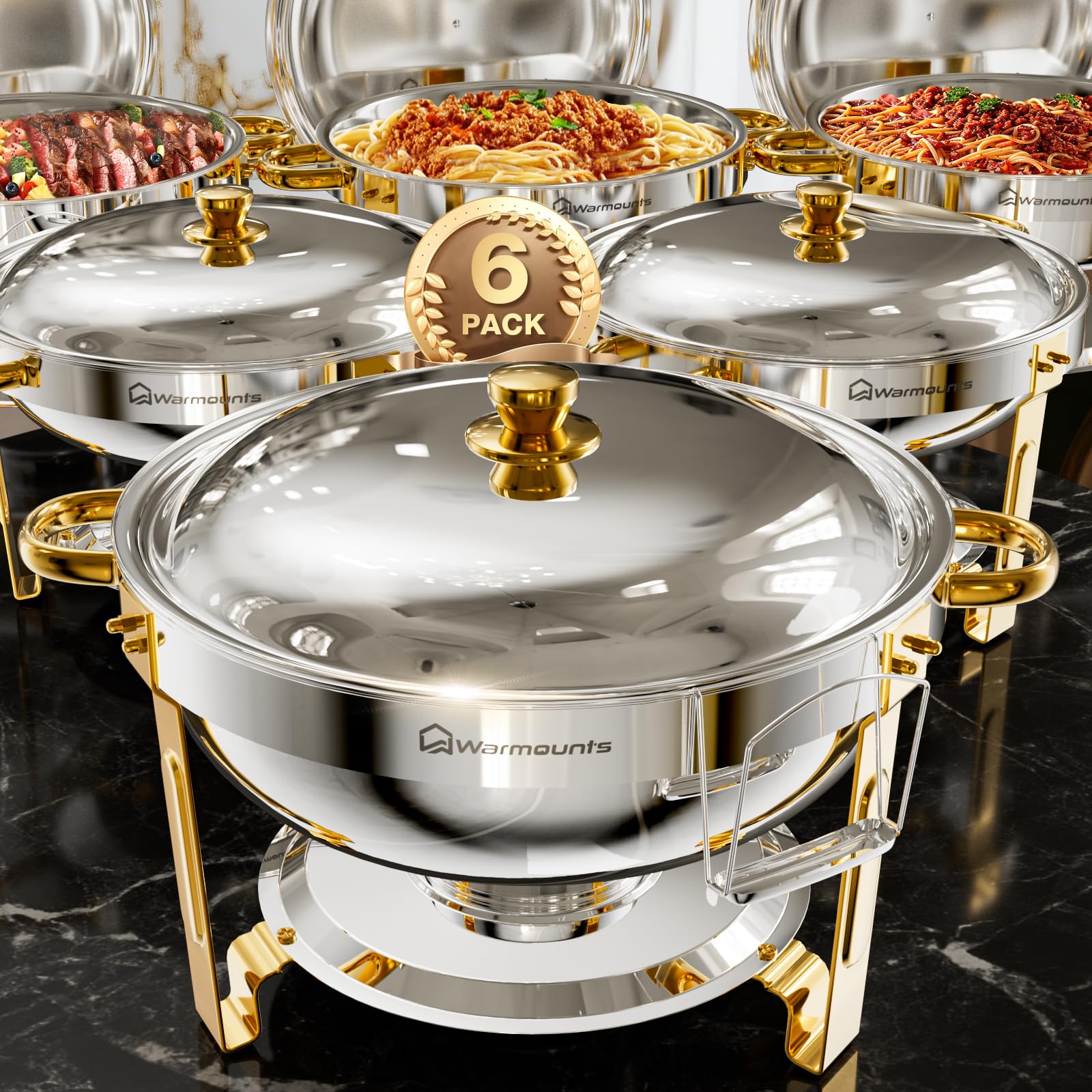 Gold Chafing Dishes for Buffet (5QT, 6 Pack), Round Chafer and Warmer Set with Lid Holder, Rolled Rim Process (No Finger Cuts), Mirror-polished Stainless Steel, for Catering, Party, Wedding