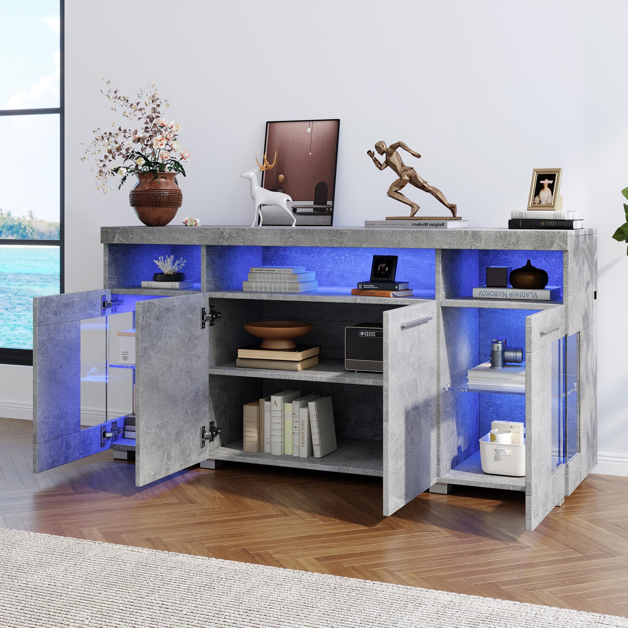 Sideboard Wohnzimmer, Sideboard 140cm breit, Kommode Flur mit LED Beleuchtung aus Gehärtetem Glas, 140x40x70cm, Grau
