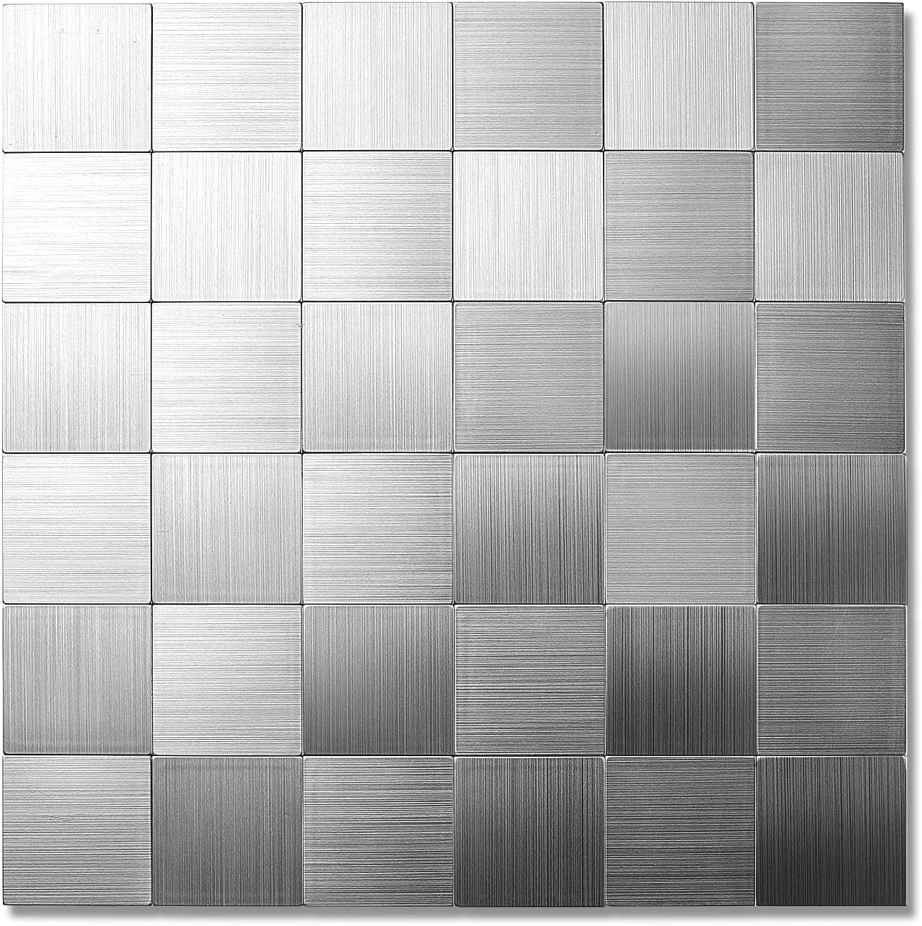 Yipscazo1 Sheet Peel and Stick Backsplash Mosaic Tiles Stainless Steel Metal Kitchen Backsplash Stick on Tiles for Stove, Bathroom, Laundry in Silver (11.8'' x 11.8'')