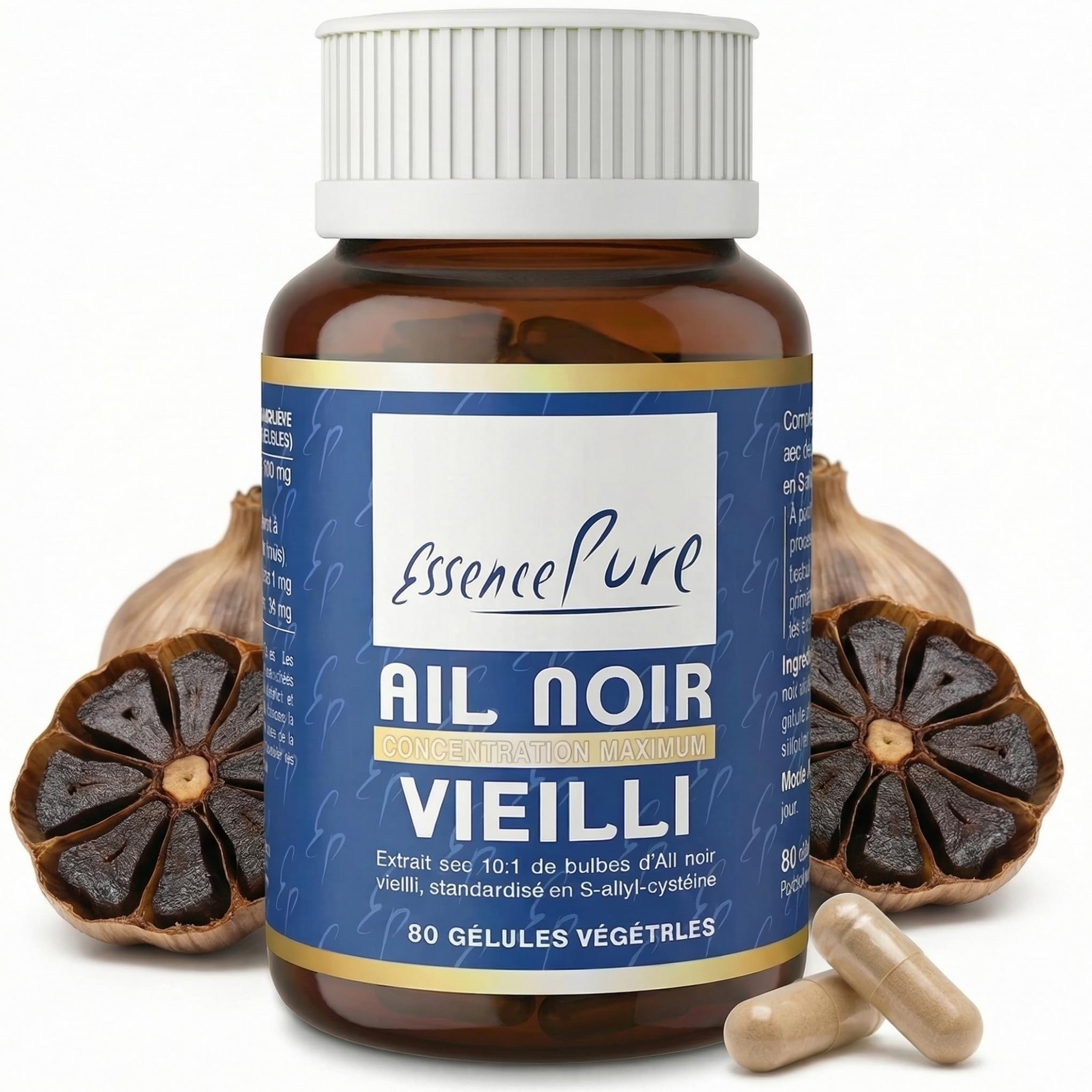 Ail Noir Fermenté 10x Concentré | Extrait d'Ail Noir Vieilli – Standardisé en S-allyl-cystéine | Cœur & Cholestérol | Sans Arrière-Goût | 80 Gélules Vegan | Essence Pure Api-Nature