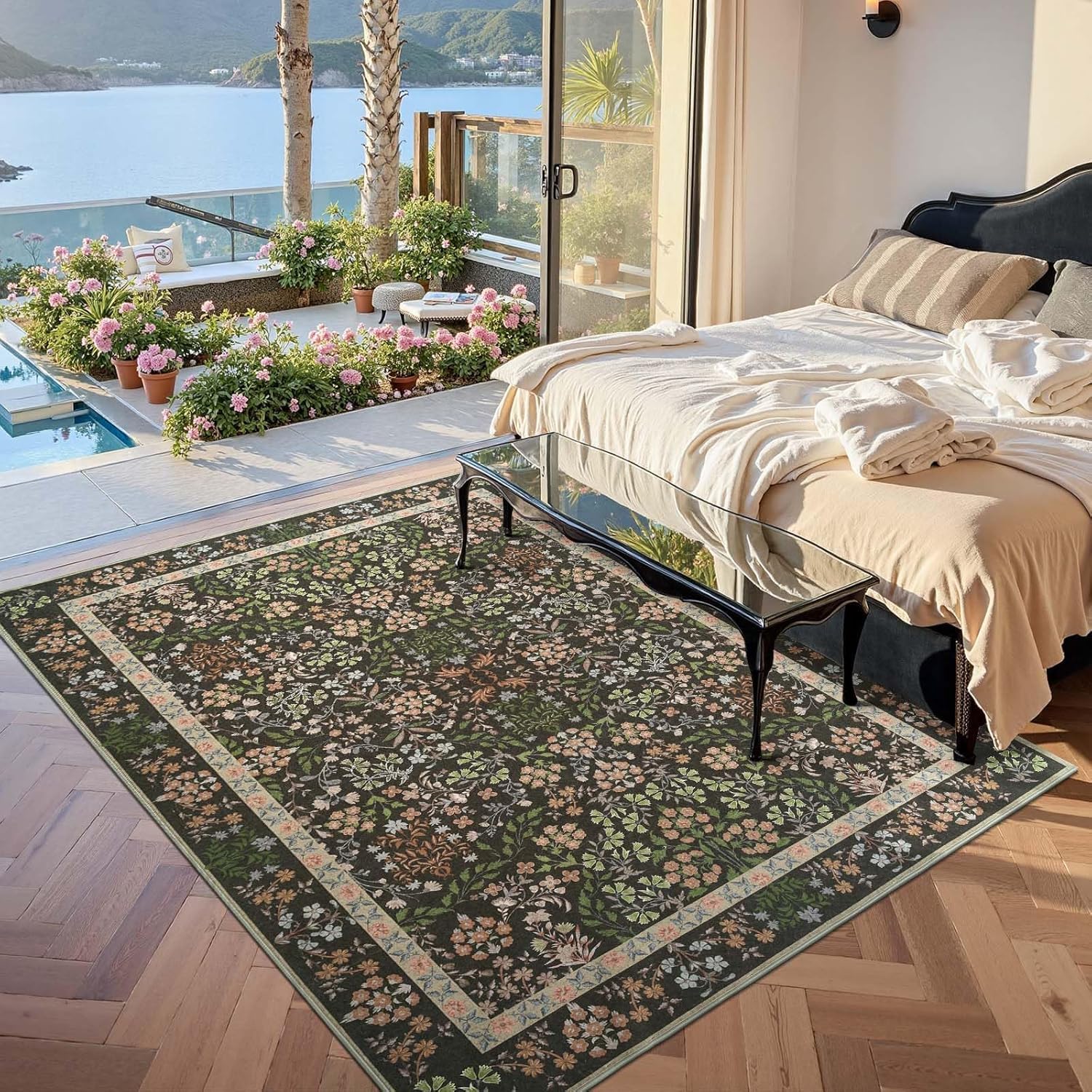 Tapis vintage floral vert jaune beige rectangulaire lavable maison