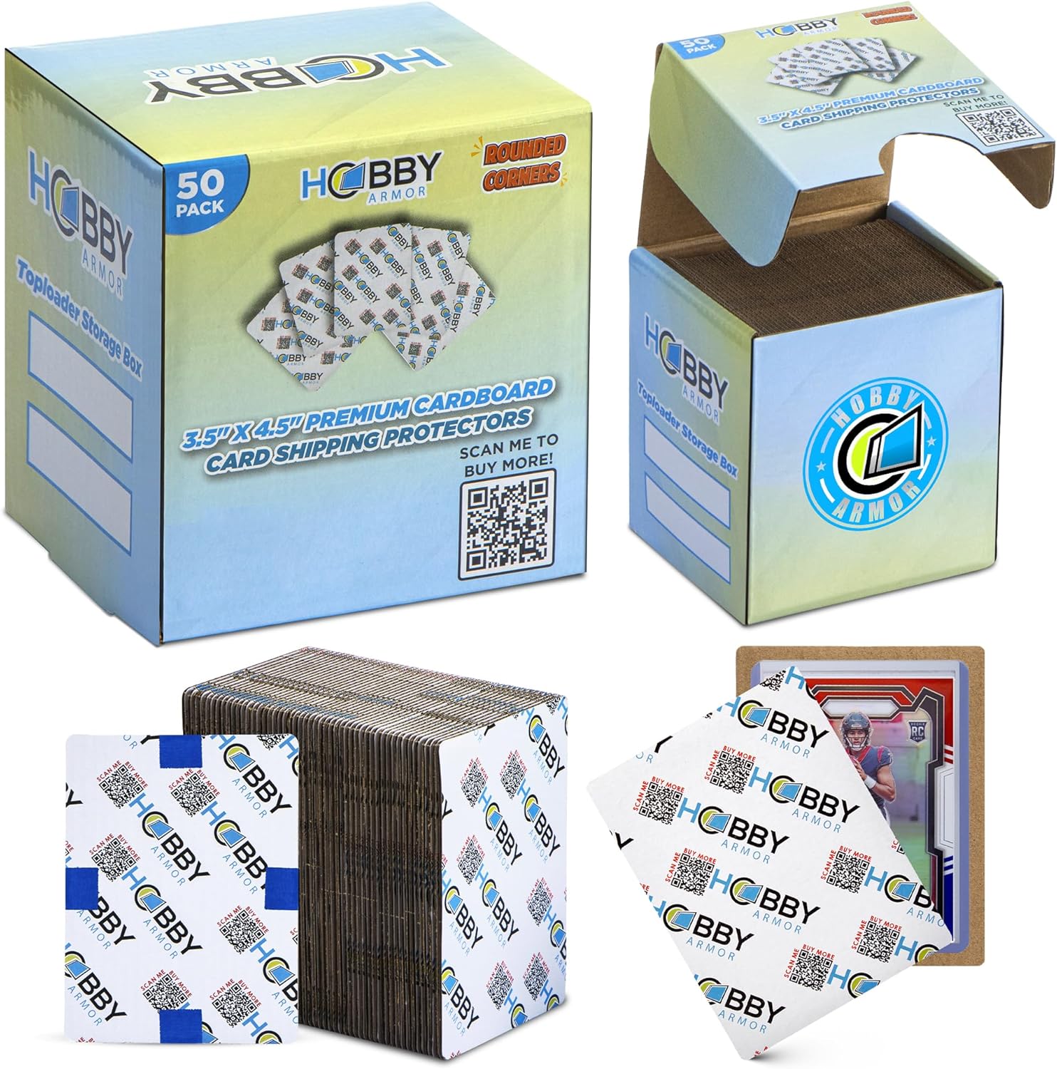 100 Pack Trading Card Shipping Protector by Hobby Armor, 3.5" x 4.5" with Rounded Corners, Vibrant Multi-Color Card Protector to Guard Cards From Dings, Premium Lightweight Cardboard Shipping Supplies