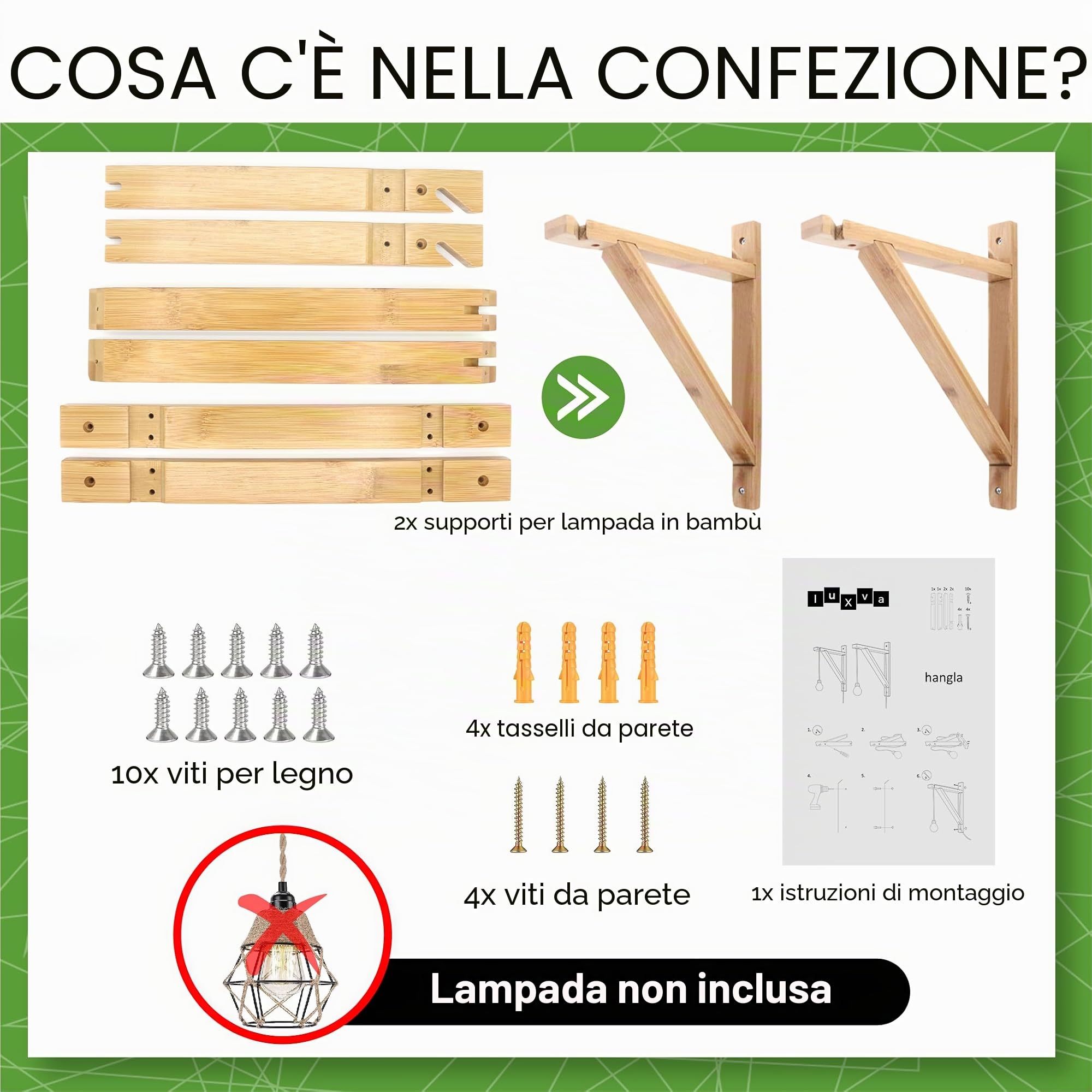 Supporto da parete in bambù per lampade a sospensione, set di 2, decorativo boho in legno, per diverse sospensioni, naturale