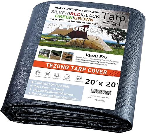 Lonas resistentes impermeables de 20 x 20 pies, lona de plástico negro multiusos para exteriores, lona gruesa de polietileno de 13 mil, para lluvia