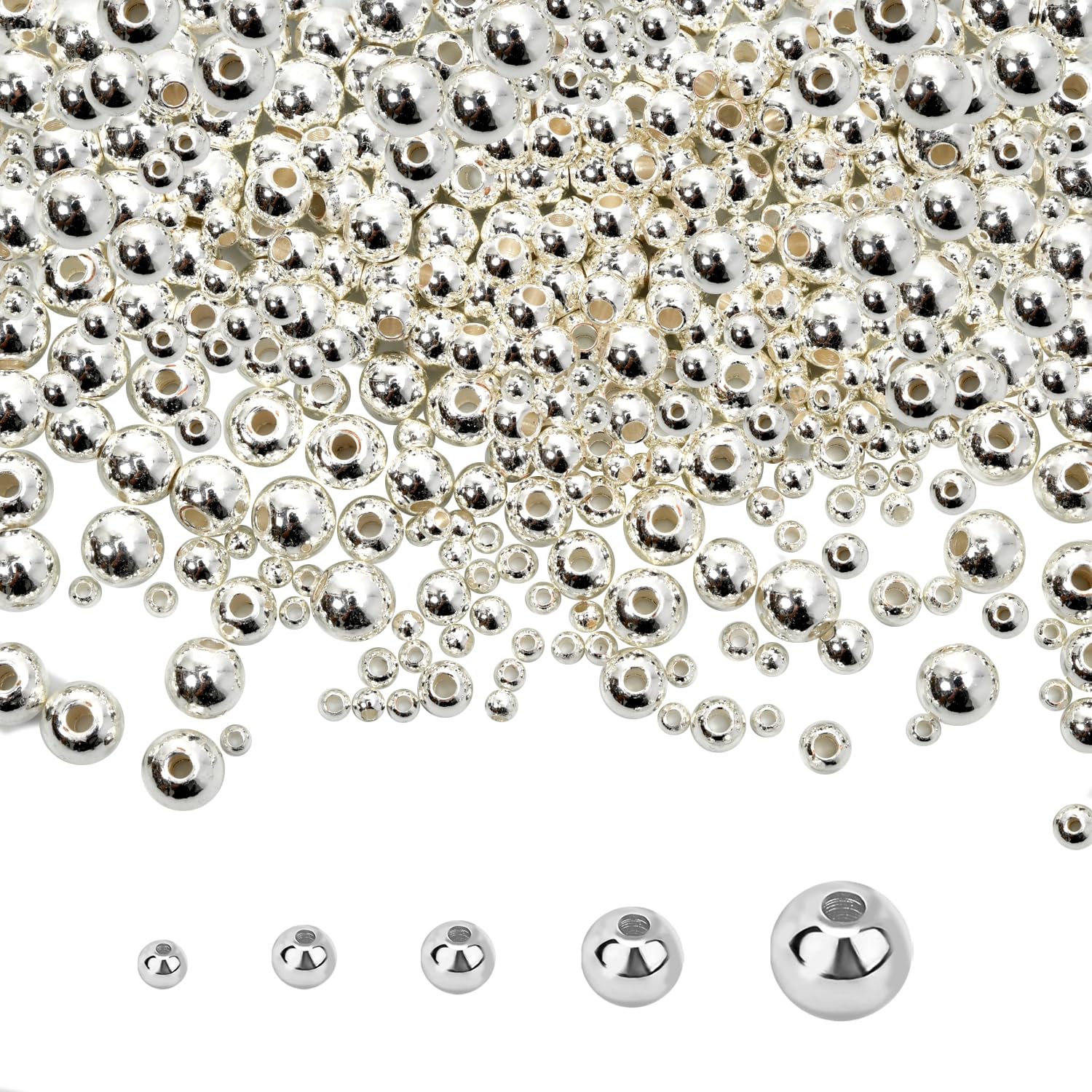 300pcs Mix Silver Spacer Beads,2.5/3/4/5/6mm 5 Size Seamless Silver Round Beads,Brass Loose Beads,Durables That Do Not Fade Easily Silver Beads for Bracelet Necklace Making (Silver)