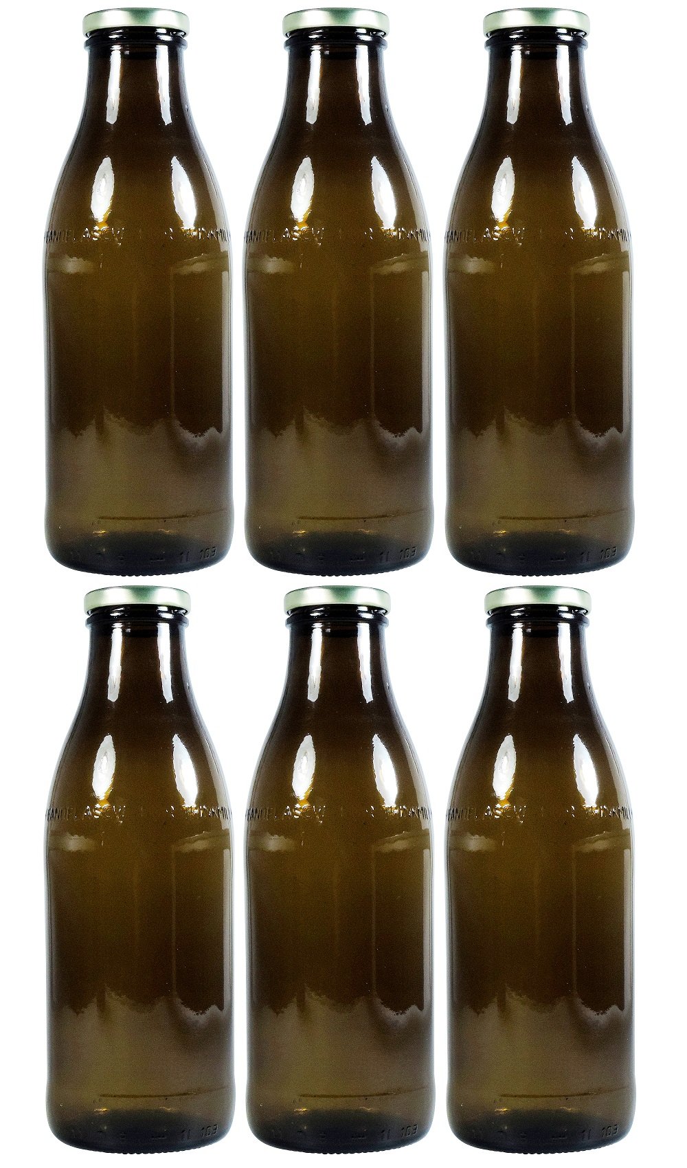 Viva-Haushaltswaren Gabriele Hesse e.K. 6 Brown Milk Bottles 1 Litre with Screw Cap, Juice Bottle for Filling, Includes Funnel
