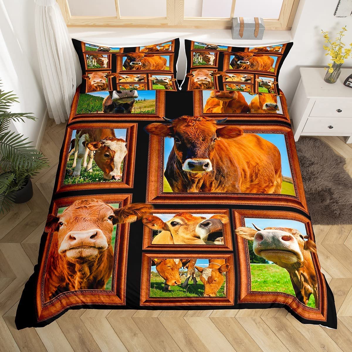 Loussiesd Cows Print Bedding Children King Pasture The Cattle Bedding Set Nature Grass Farmhouse The Cattle Duvet Cover Set 100% Microfiber 3D Animals Beds With 2 Pillowcases For Teens