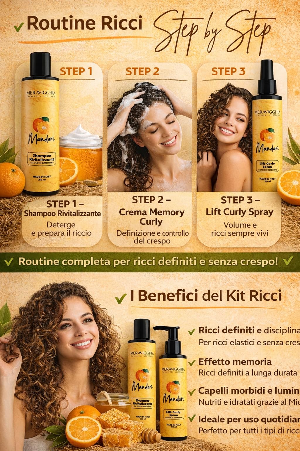 Kit Completo per Capelli Ricci Anti Crespo – Shampoo Rivitalizzante, Crema Effetto Memory e Spray Lift Curly – Routine Ricci Definiti e Voluminosi – Made in Italy