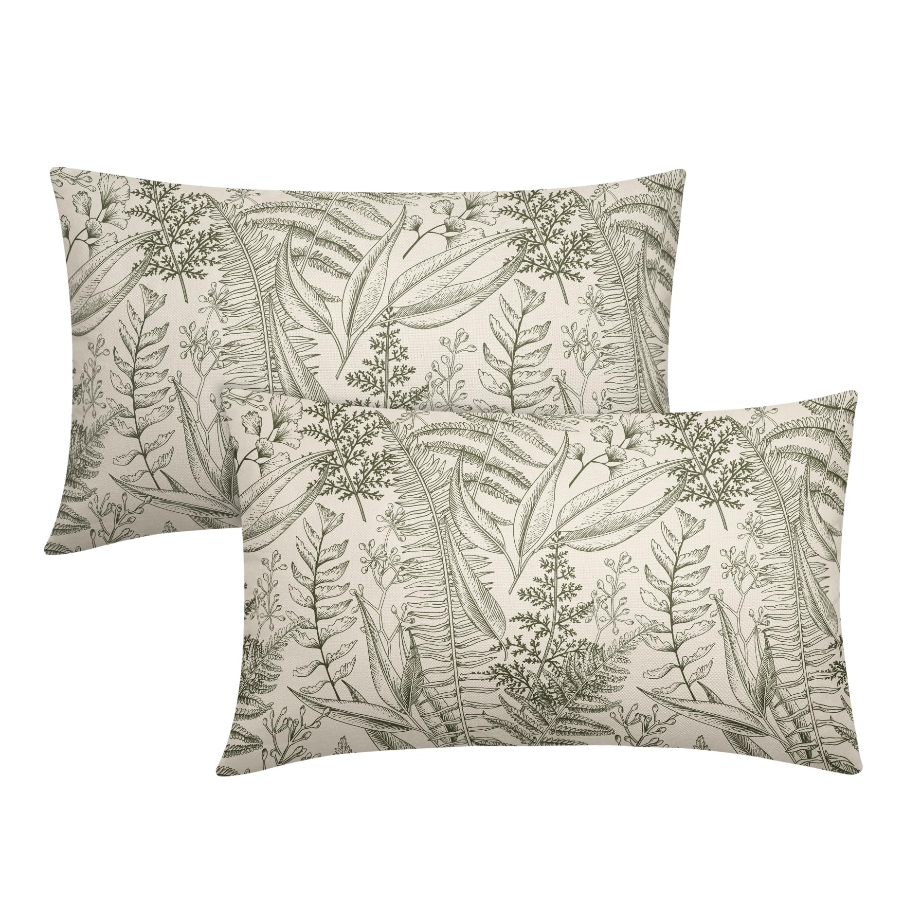 Olive Green Leaf Plant Lumbar Pillow Covers 12X20 Inch Herbs Botanical Fern Vintage Leaves Floral Decorative Pillow Cases Set of 2 Throw Pillows Farmhouse Home Decor For Sofa Couch Cushion Outdoor
